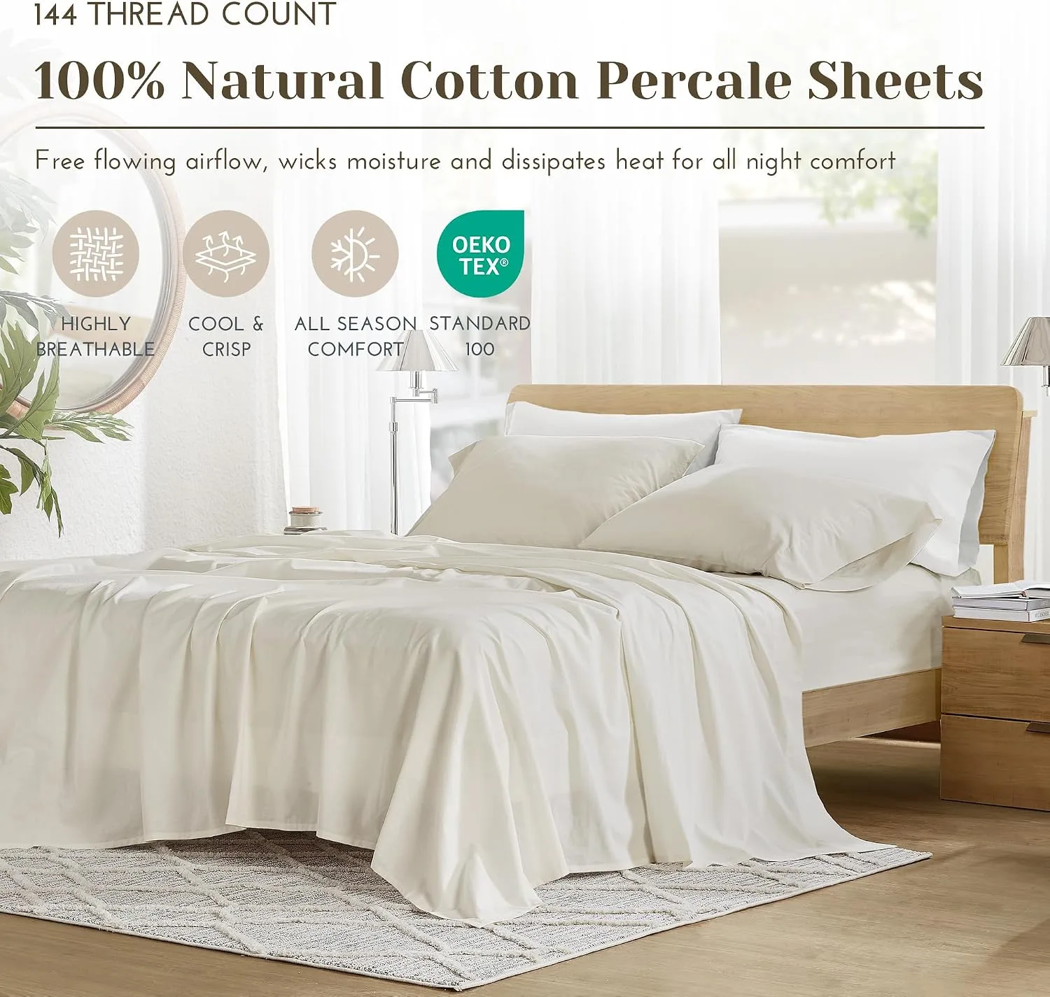 Comfort Spaces 100% Cotton Percale Sheets Queen Sheet Set 4 Pcs, Ivory