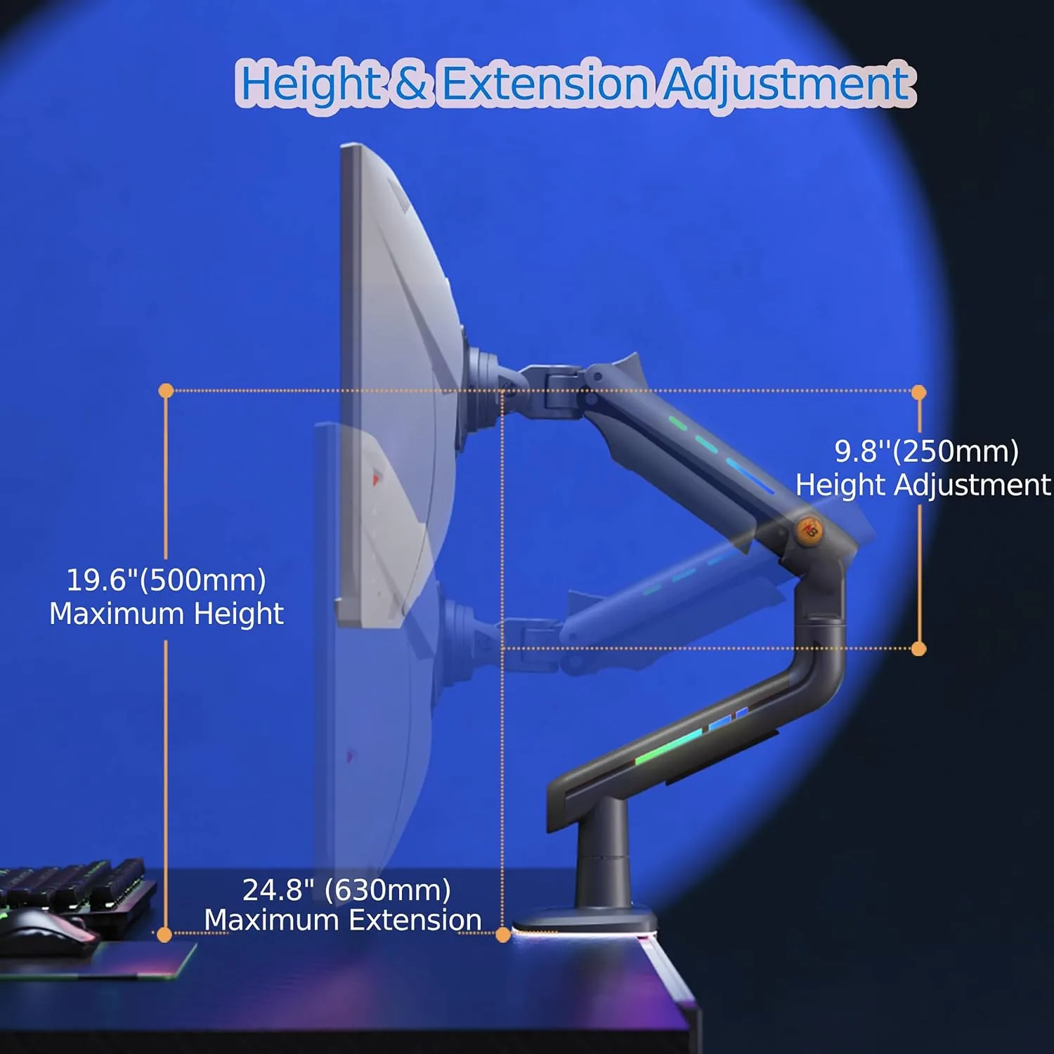 NB Gaming Monitor Arm or for 32 to 60 Inches Screen, Load up to 20 kg, VESA 75/100, RGB-Light, Heavy Duty, Multi Angle Adjustable, Premium Aluminum, Green