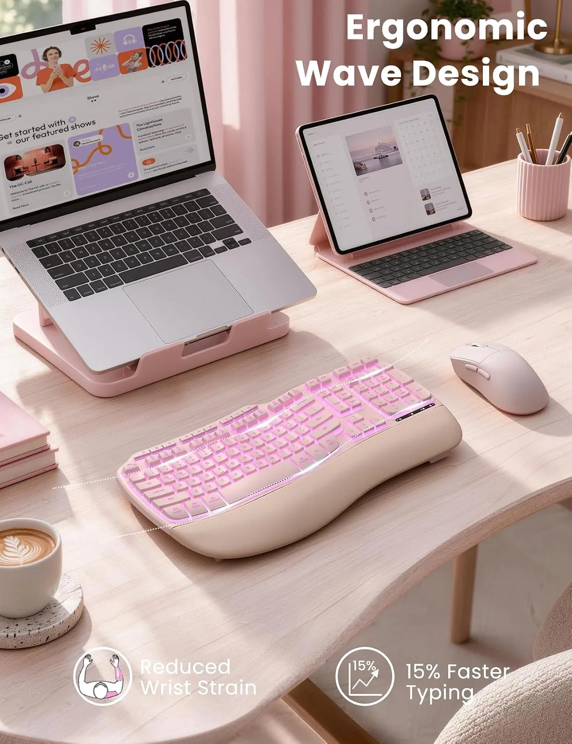 Pink Ergonomic Wireless Keyboard and Mouse Combo, Rechargeable 4000mAh Backlit Keyboard with Soft Faux Lambskin Palm Rest, Wave Keys for Natural Typing, Compatible with Windows/Mac/Chrome OS