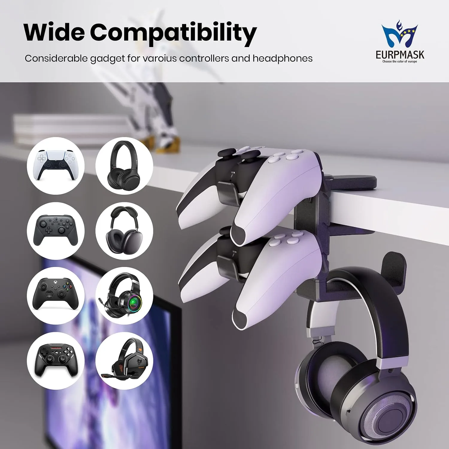 EURPMASK 3-in-1 Rotating Headphone Stand w/2 Detachable Controller Holders