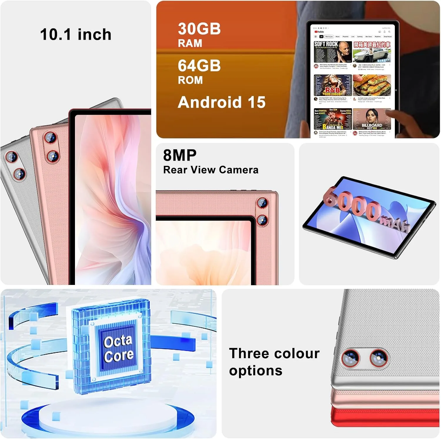 Android Tablet with Keyboard 30GB+64GB+1TB, Tablet 10 Inch Octa-Core Electronics Tablets, Gemini AI, 6000mAh, HD IPS Display, 5G WiFi, Widevine L1, Split Screen - Sliver