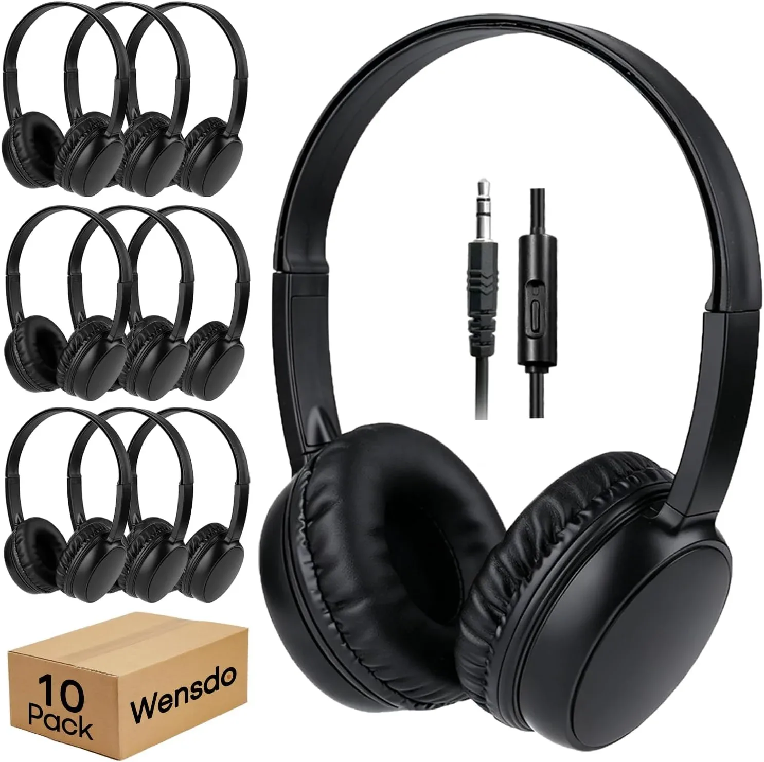 Wensdo 10 Pack Bulk Headphones with Mic for School Classroom Kids, Wholesale Durable Wired On-Ear Headset for Students Teens, 3.5mm Jack for Chromebook Laptop Computer (HY30, 10Black)