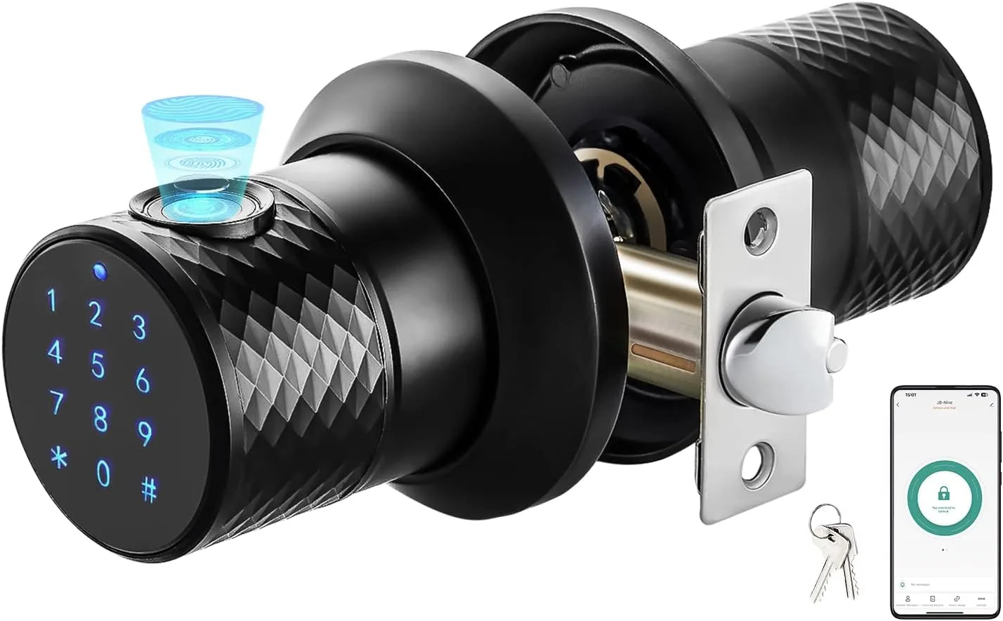 Buoan 4-in-1 Smart Fingerprint Door Knob with Keypad, Black