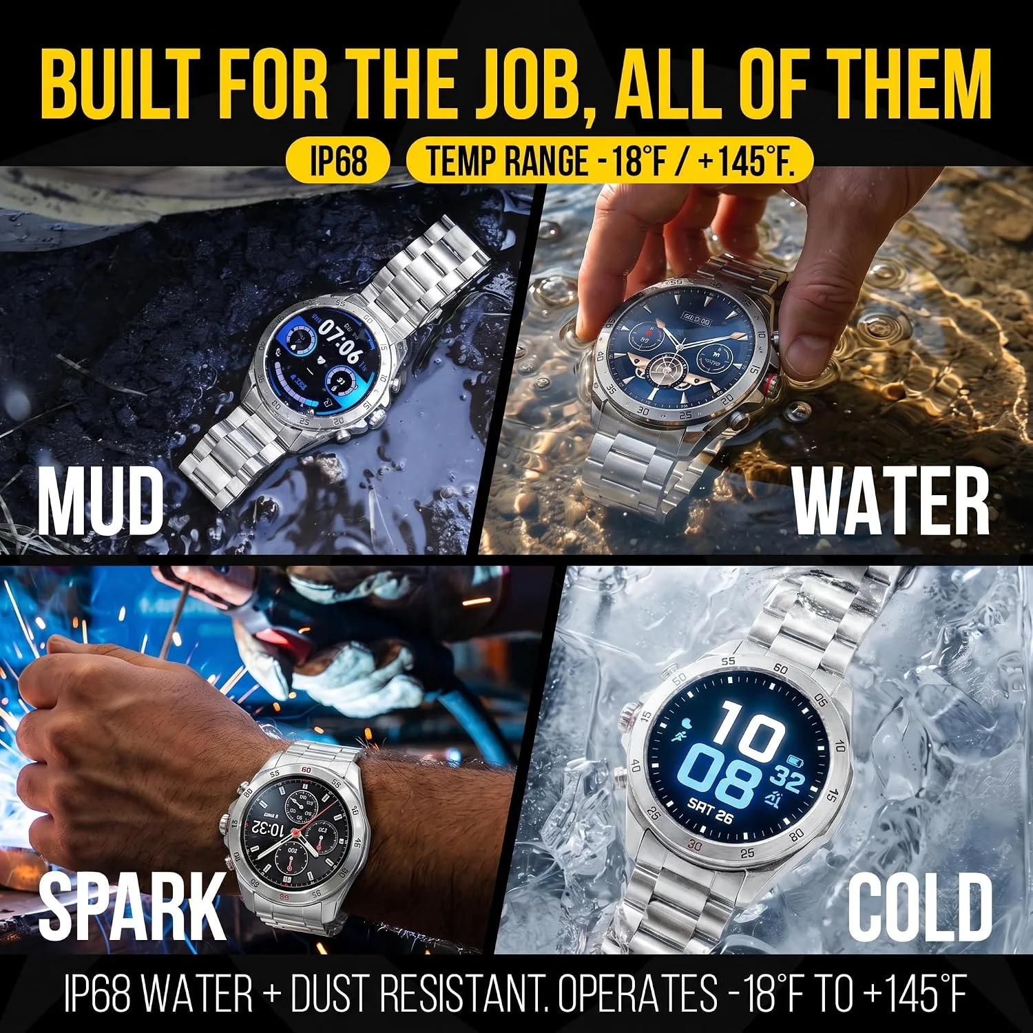 ALPHAGEAR Commander Smartwatch for Men, 1.43" AMOLED Large Screen, Full Metal Stainless Steel Smart Watch, 12-Day Battery, Bluetooth Calling, IP68 Water Resistant, for Android iPhone, Silver