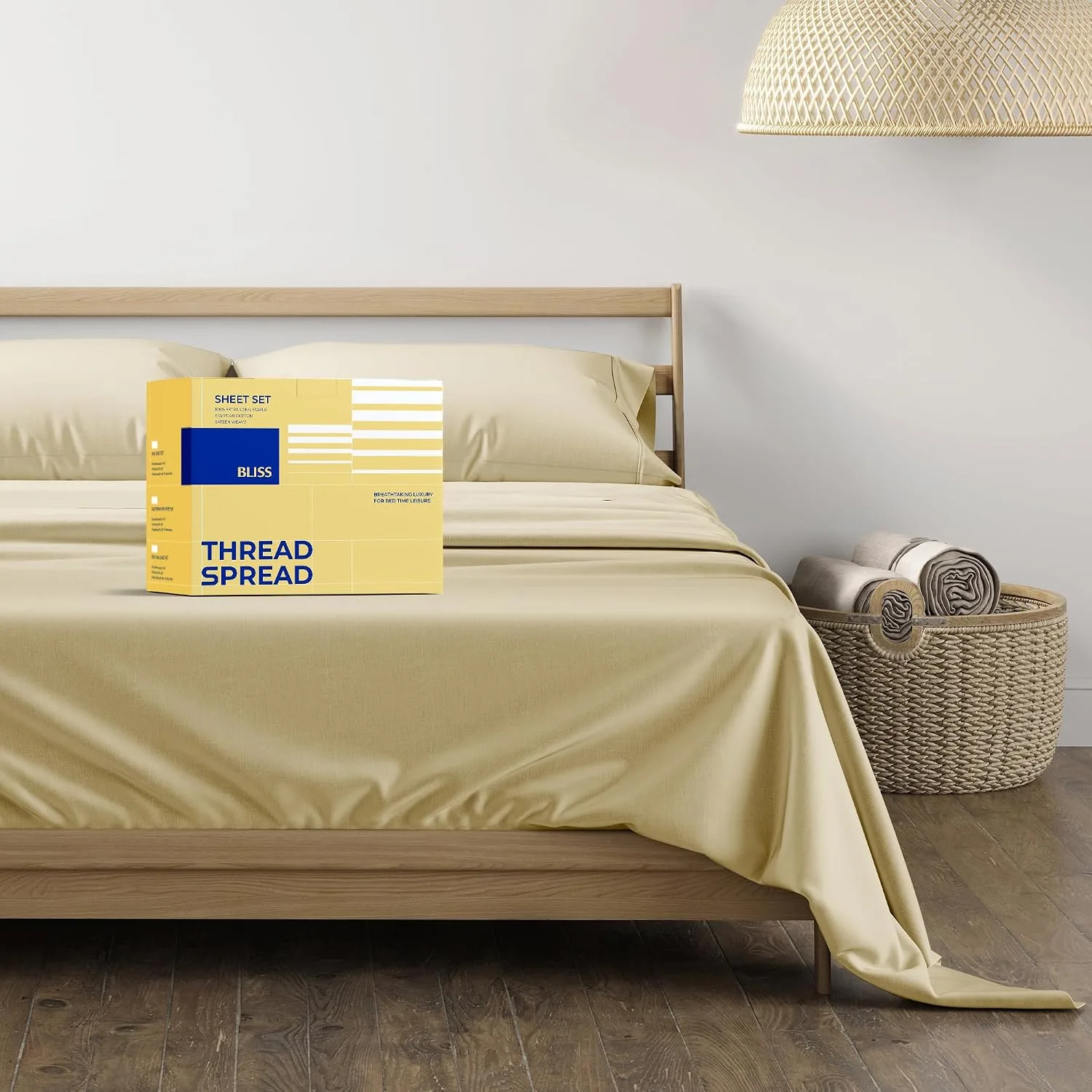 THREAD SPREAD Egyptian Cotton Sheets King Size - Luxury 600 Series King Size Sheets Set (4 PC, Sand), 16" Deep Pocket All Around Elastic, Soft, Cooling, Sateen Weave, Durable Hotel Bed Sheet Sets