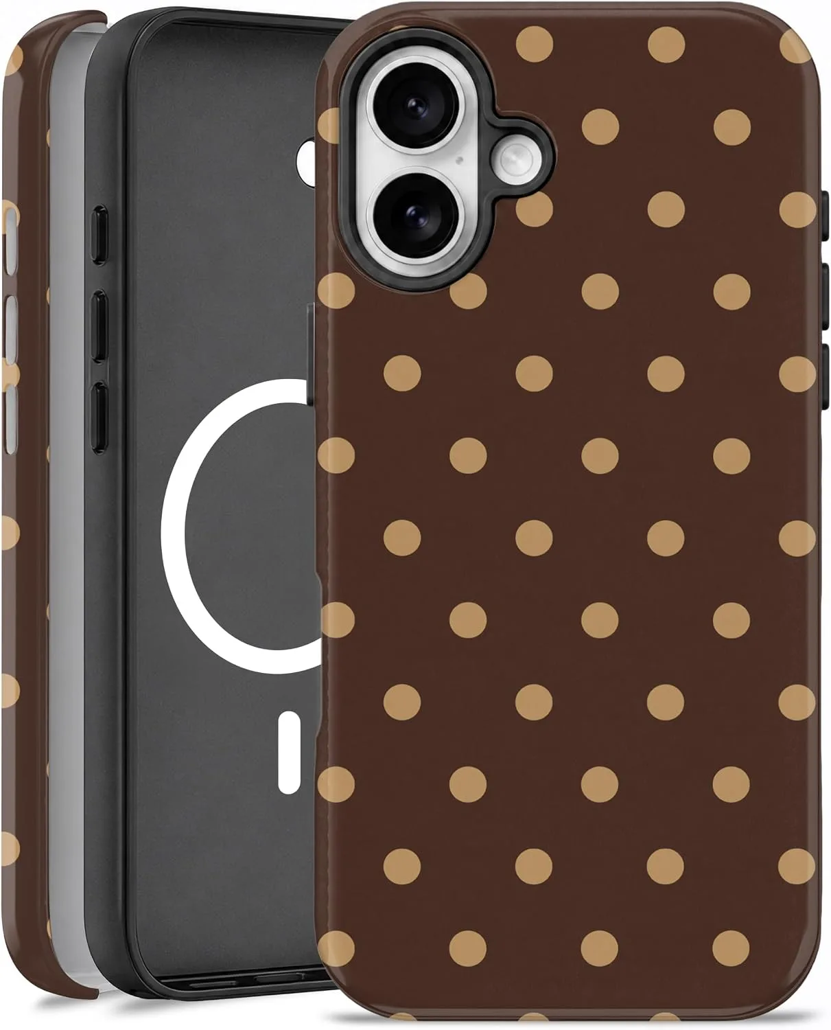 Magnetic for iPhone 16 Phone Case, Cute Brown & Cream Polka Dot