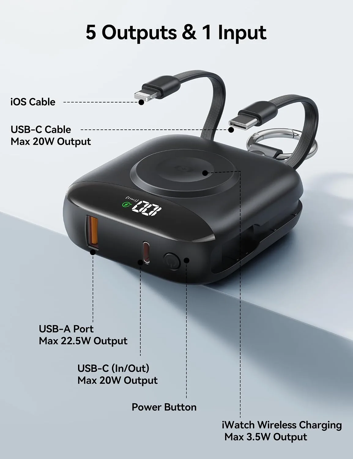 Portable Charger 10000mAh 22.5W Power Bank Built-in 2 Cables Keychain