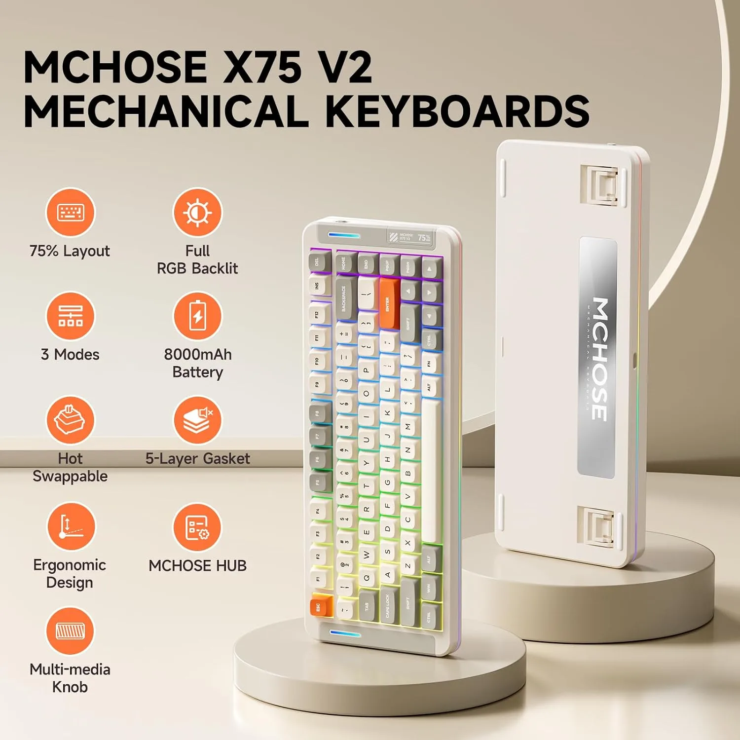 MCHOSE X75 V2 Wireless Mechanical Keyboard Volume Knob, Tri-mode BT5.0/2.4GHz/USB-C Hot Swappable Custom Keyboards, Linear Switch Creamy keyboards,RGB Gaming Keyboard for PC/Tablet/PS/Xbox,Retro White