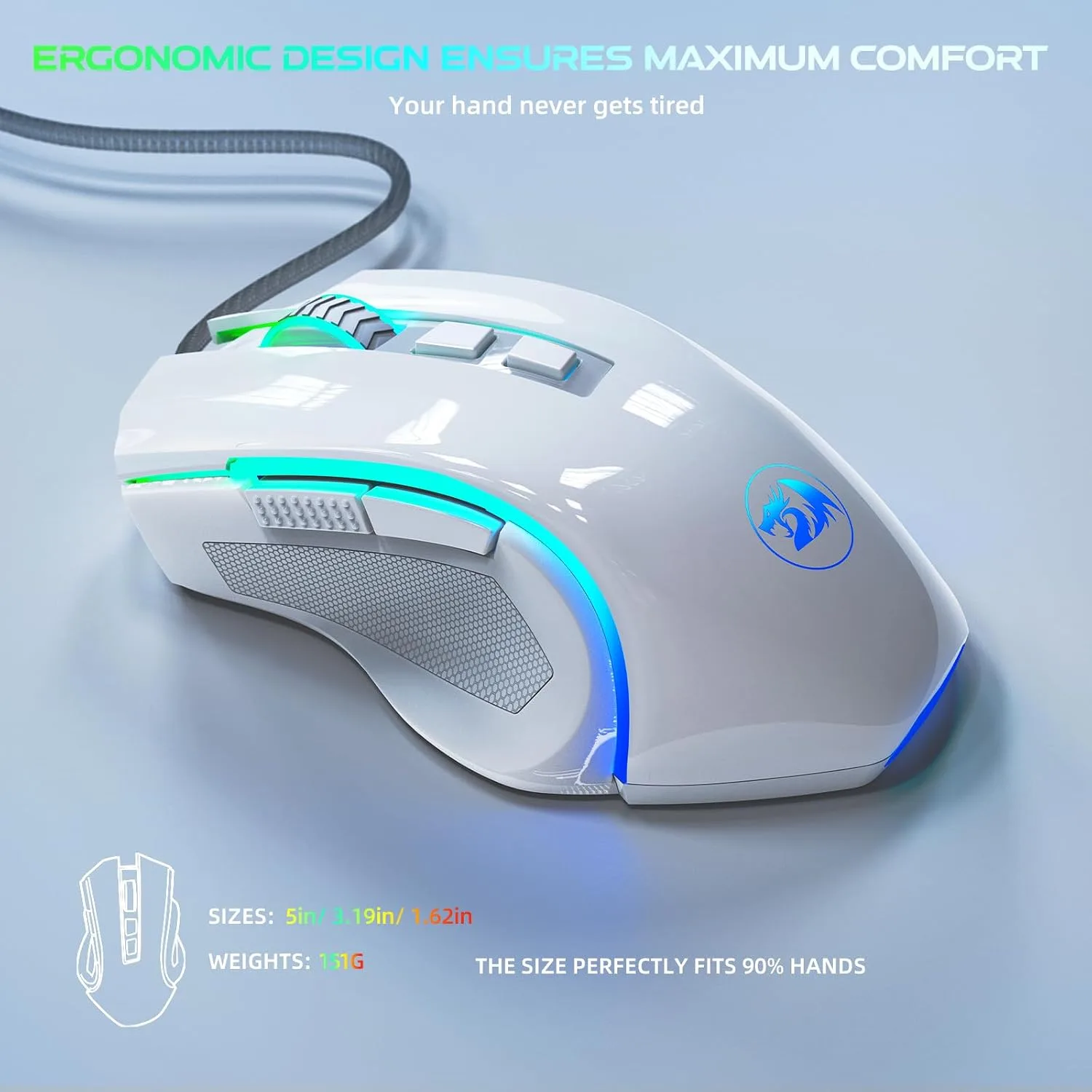 Redragon M602 Gaming Mouse, Ergonomic RGB Gaming Mouse Wired with 7200 Adjustable DPI, 9 Programmable Buttons, Professional Software for Gamer Office [White]