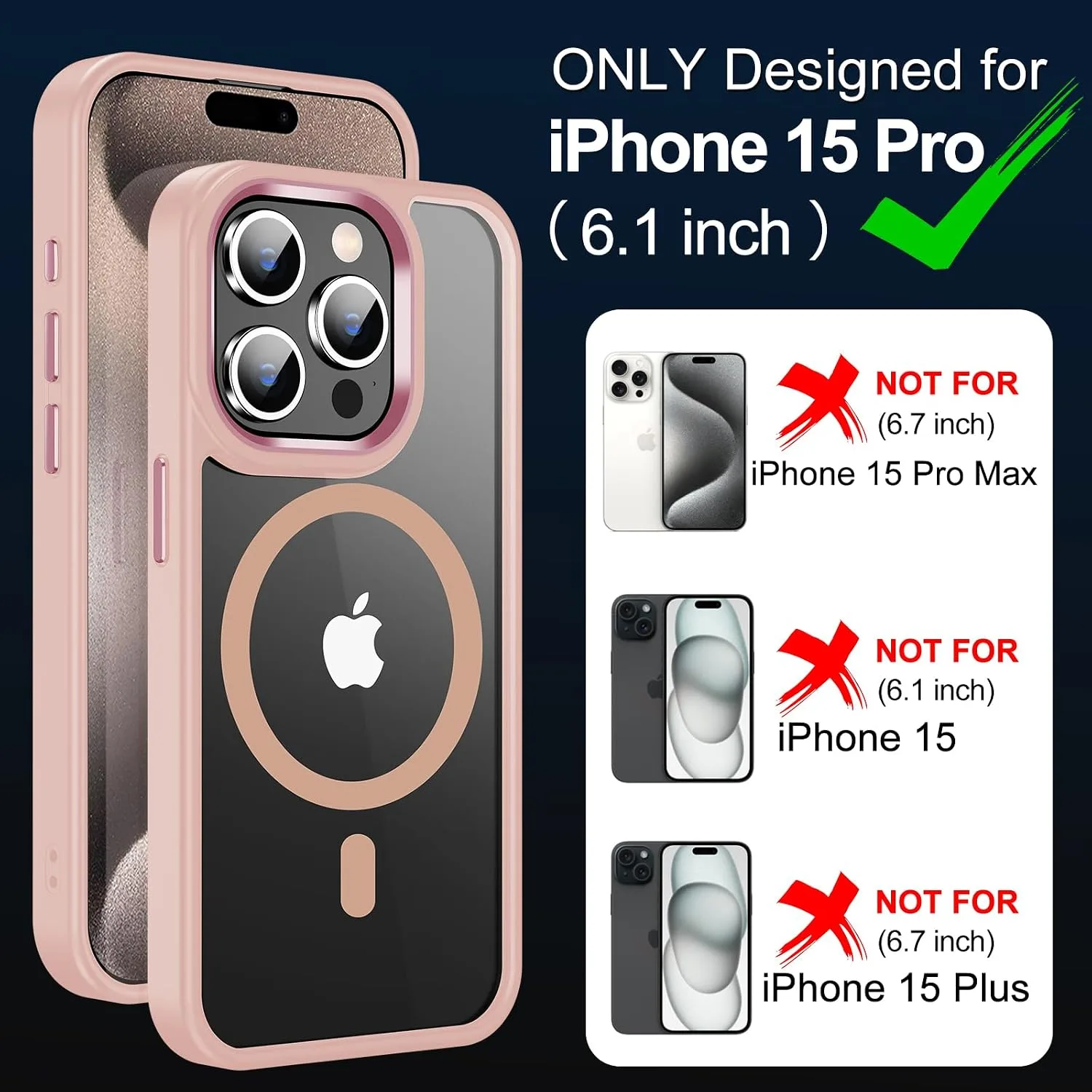Temdan for iPhone 15 Pro Case with Screen Protector Clear Pink