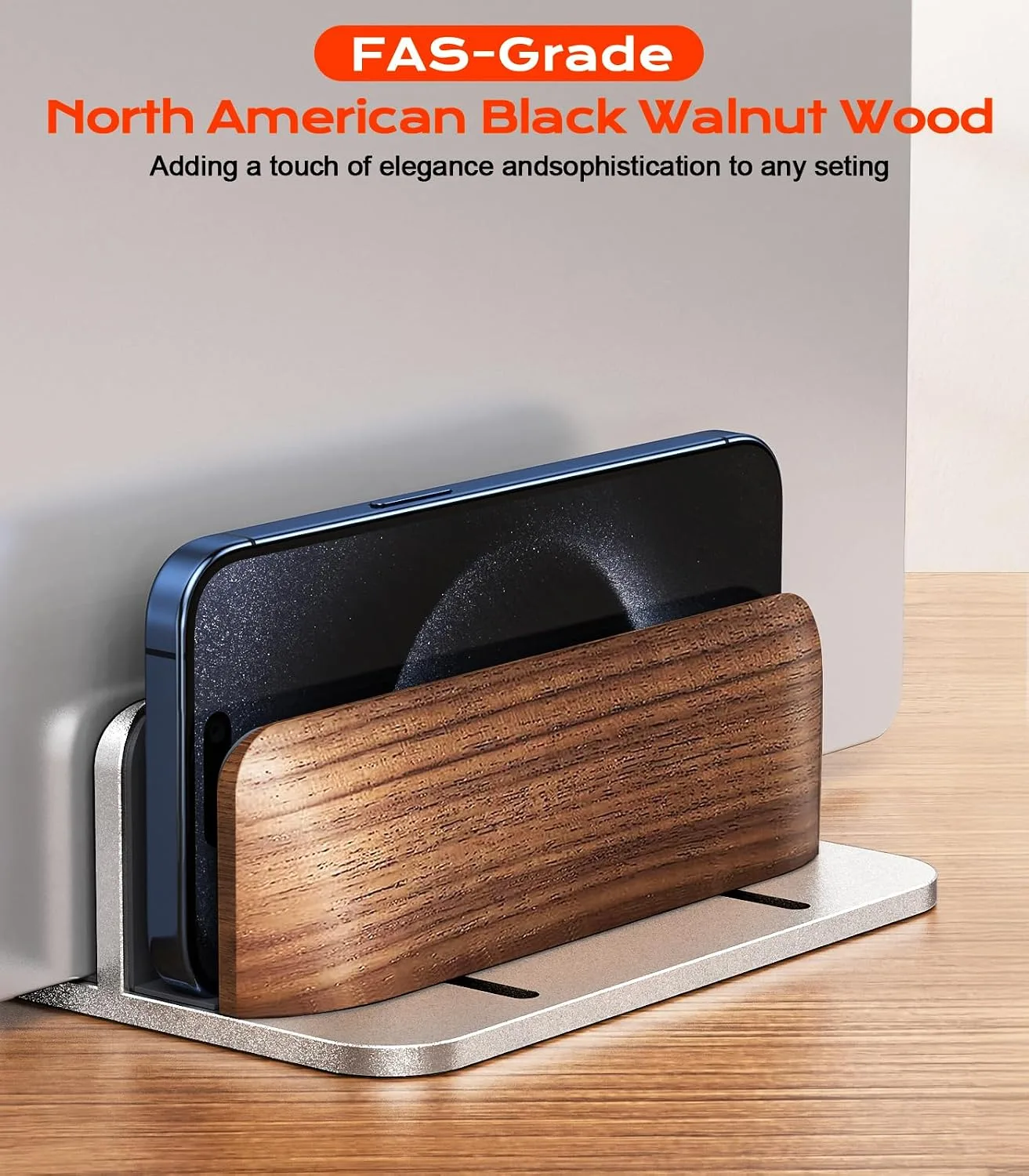 JCZT Vertical Laptop Stand, Walnut Dual Laptop Holder, Silver