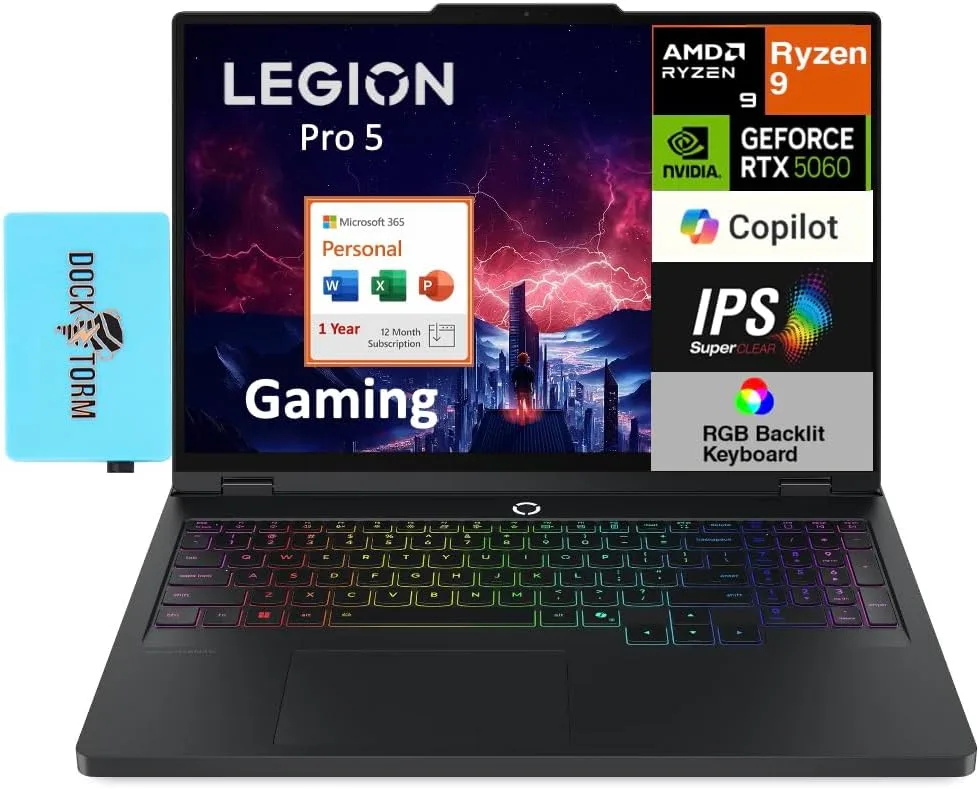 Lenovo Legion Pro 5 Gaming Laptop 16.0" WQXGA (AMD Ryzen 9 8945HX, GeForce RTX 5060 8GB, 16GB DDR5, 2TB PCIe SSD, Win 11 Home) w/MS 365 Personal, DKZ USB Port Expander