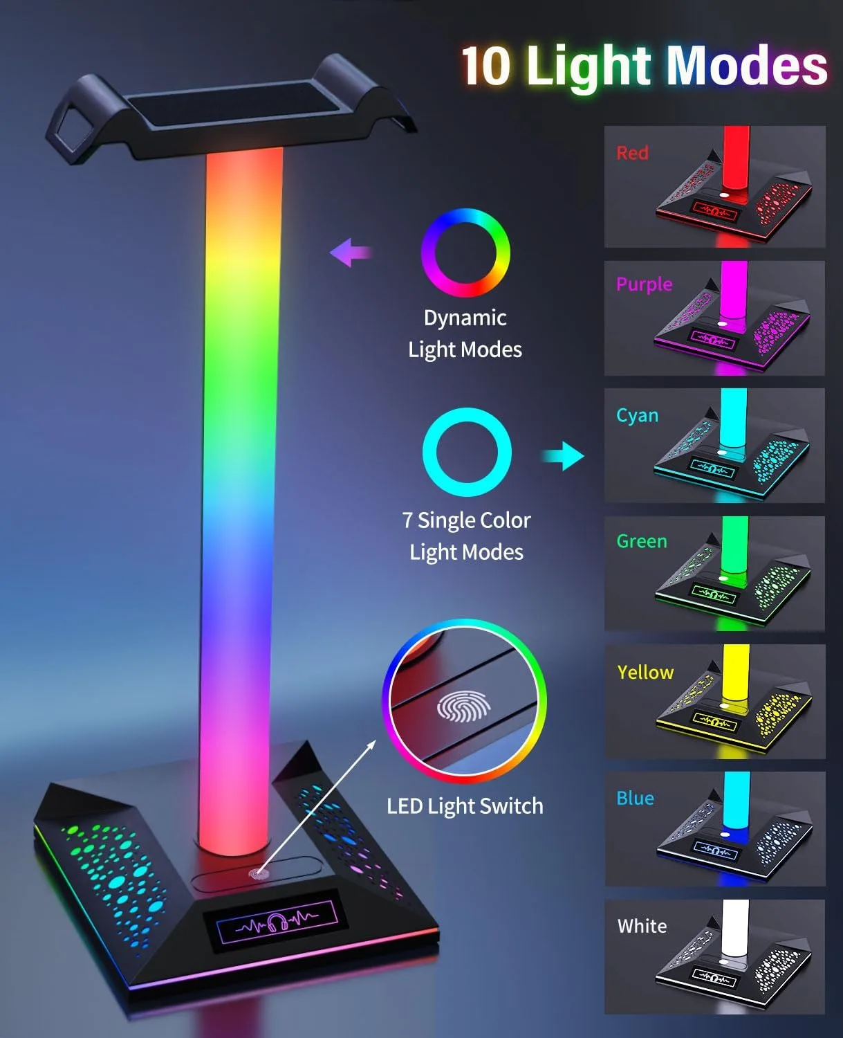 RGB Gaming Headset Stand, LED Headset Holder with 10 Lighting Modes, Headphone Stand Cool Stuff for Boys, Desk PC Gaming Accessories Gifts for Gamers Men Adult, Medium
