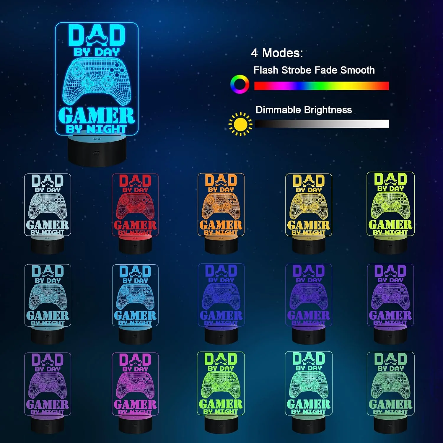 YuanDian Gamer Gifts, Dad By Day Gamer By Night Funny 3D Illusion Lamp 16 Colors Changing Touch & Remote Control, Desk Decor
