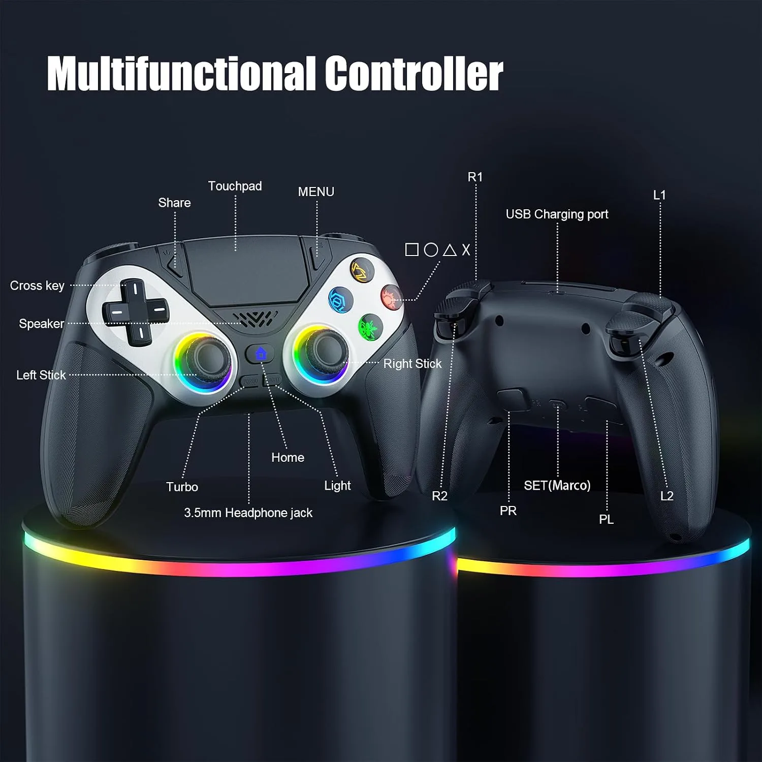 Gamrombo LED Wireless Controller for PS5, Compatible with PS5 Pro/Slim/PC, Dual Vibration, Macro/Turbo Function, 3.5mm Audio Jack, 6-Axis Motion Control Gamepad with Speaker(Black)
