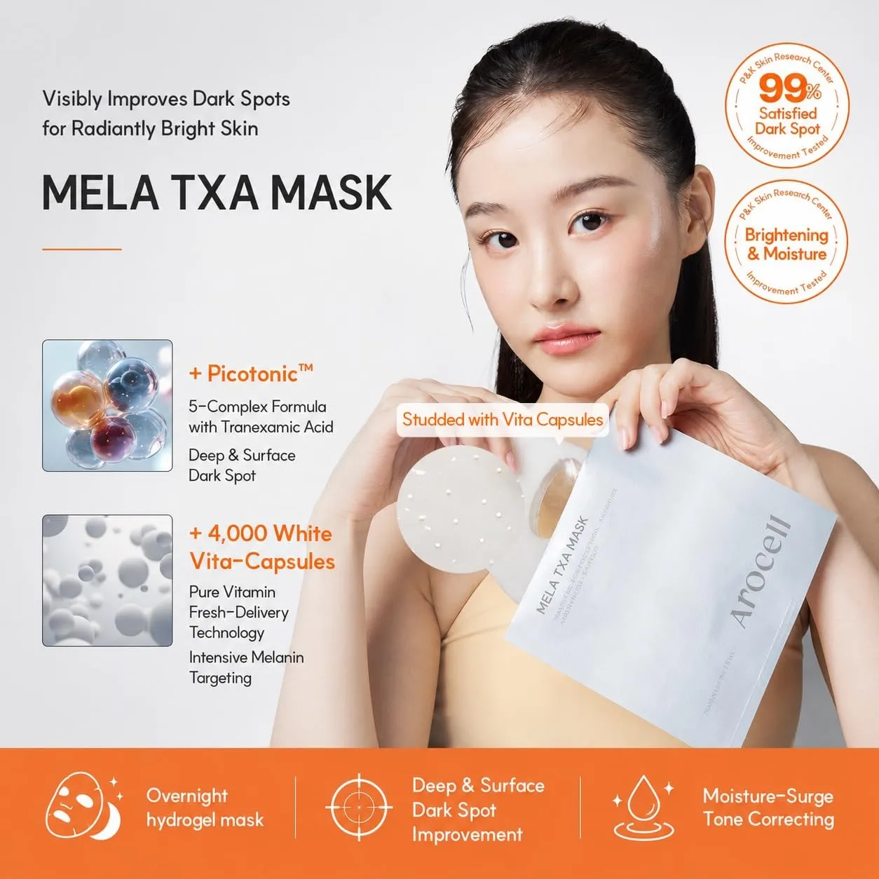 AROCELL Mela TXA Brightening Hydrogel Mask 4 Sheets | Tranexamic Acid + Phyco-tonic + Melatoninsome | Dark Spot, Melasma & Uneven Tone Care | Korean Glass Skin Brightening | 43g