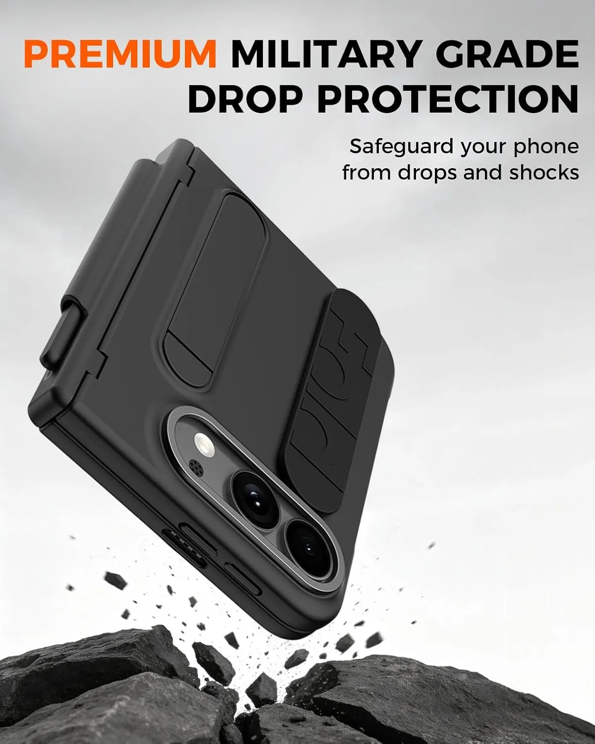 NINKI Handle for iPhone Duo Case with Strap & Kickstand, Built-in Front Screen Protector, Shock-Absorption Slim Hinge Protection Stylus Cover for iPhone Duo Fold Case with S Pen Slot Cover Mens Black