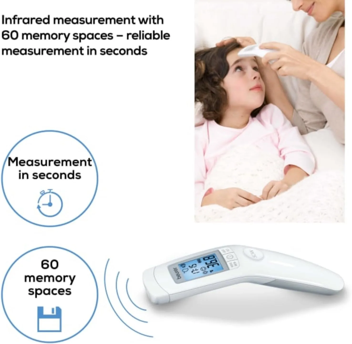Beurer FT90 3-in-1 Forehead Non-Contact, Body, Surface, Room Temperature, High Accuracy, Large Blue Backlit LCD Display Thermometer, 60 Memory Spaces