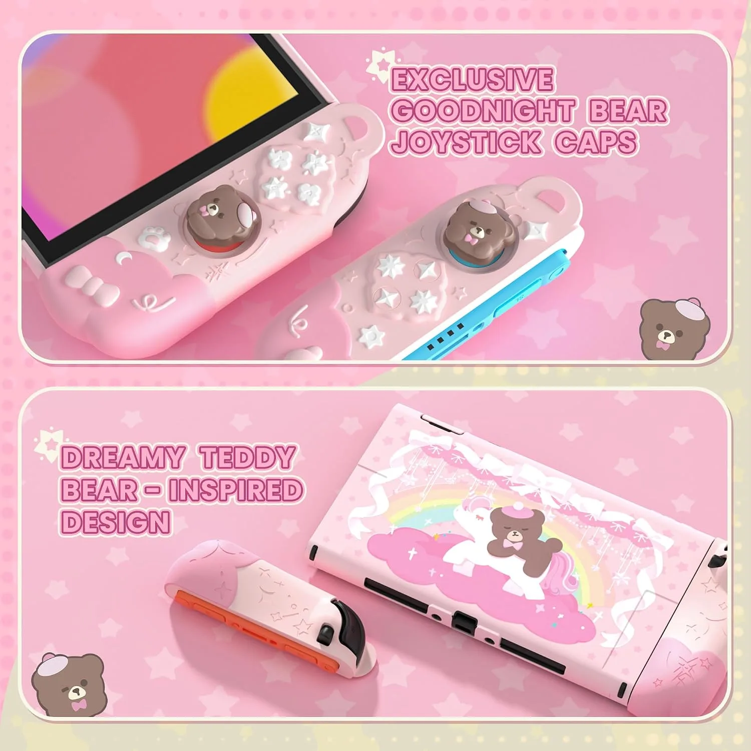 PlayVital Good Night Bear Dockable Case for Nintendo Switch 2 with Stand | Split Design Silicone Joycon Grips, PC Console Hard Shell, 2 Joystick Caps | Cute Protective Cover Bundle – Pink