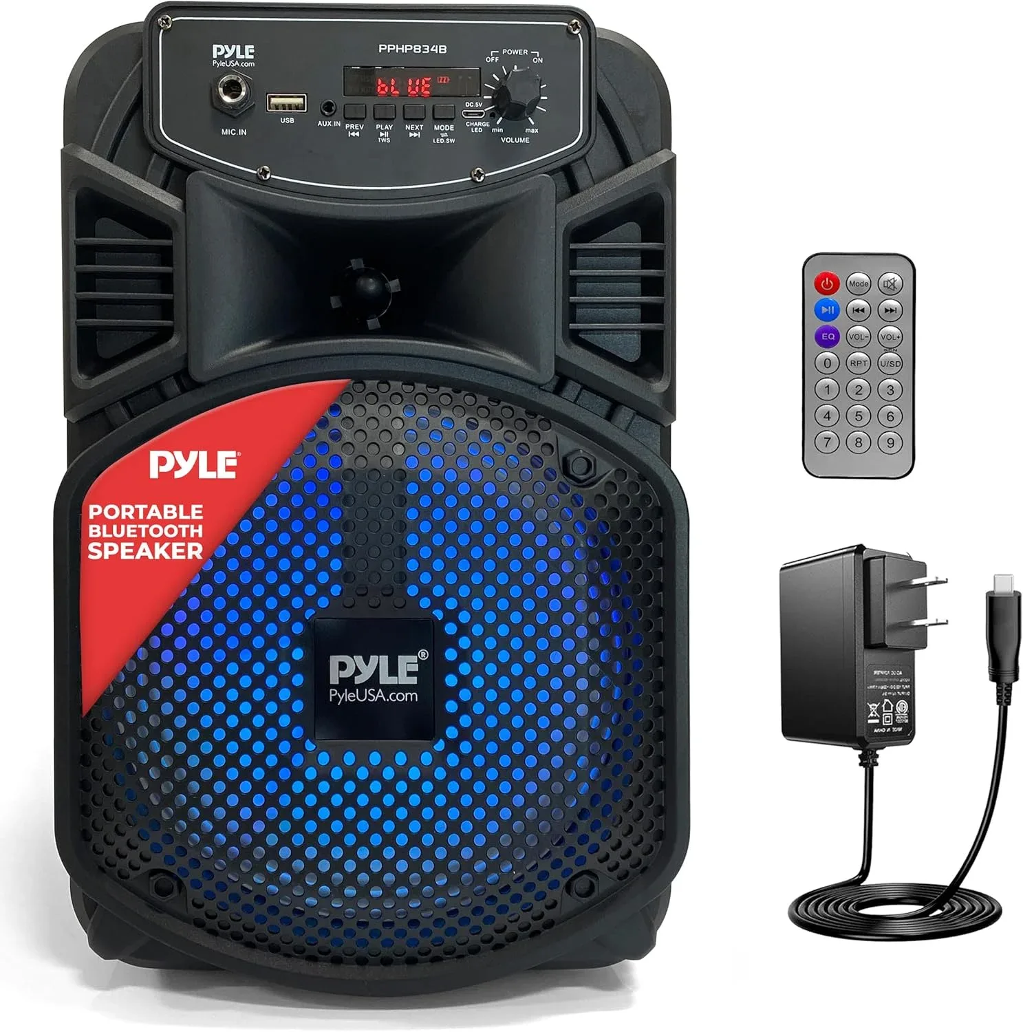 Parlante portátil Pyle 8" Bluetooth 300W con luces LED y batería recargable