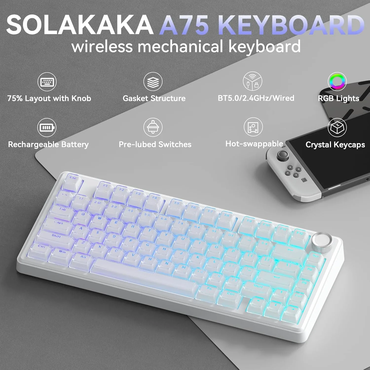 SOLAKAKA A75 Wireless Gaming Keyboard with Multifunction Knob, BT5.0/2.4GHz/USB-C, 75% Mechanical Keyboard, Hot-Swappable, Gasket Creamy Keyboard with RGB Backlit, Crystal Keycaps, for PC/Mac