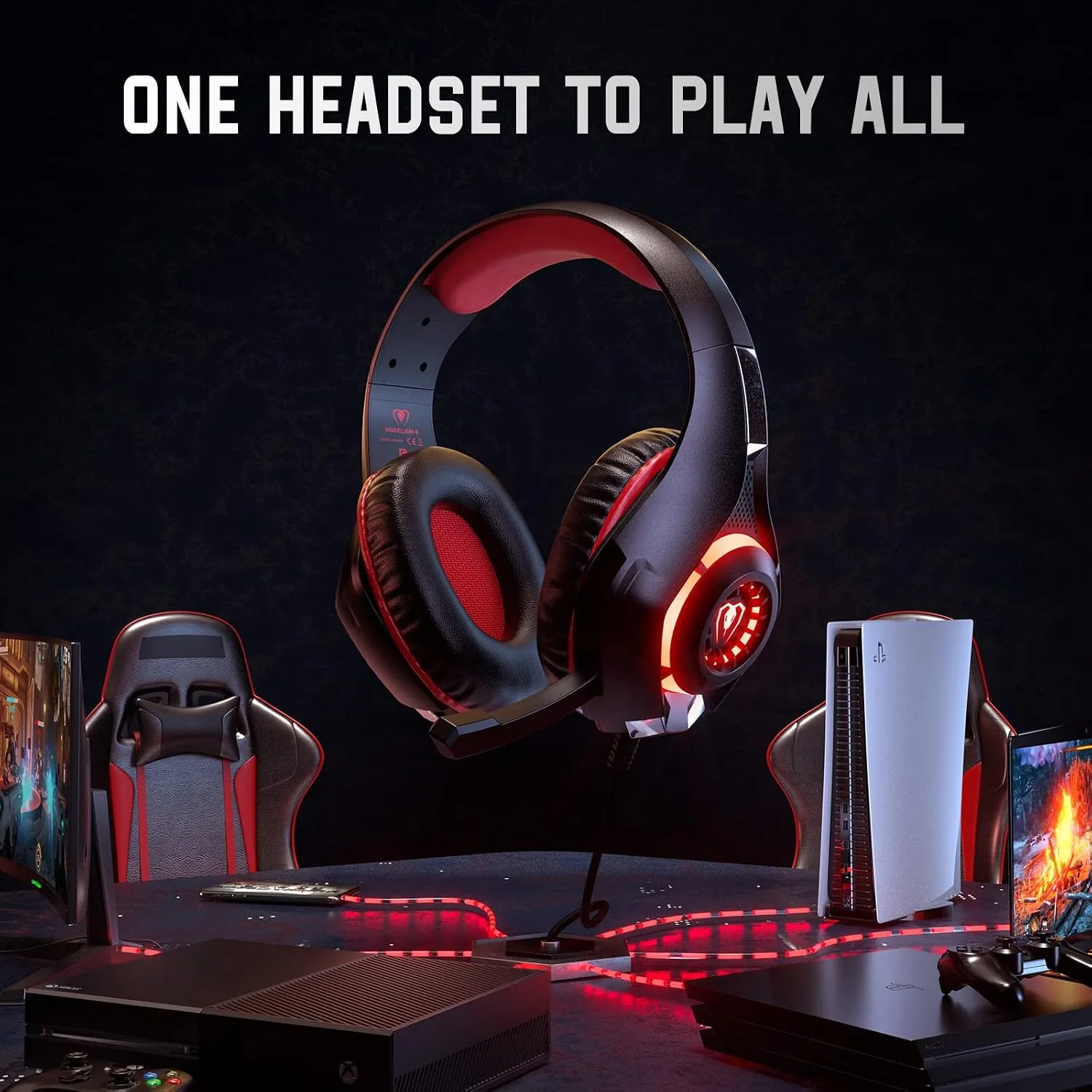 Tatybo Gaming Headset for PS5 PC, Noise Canceling Mic, RGB, Black Red