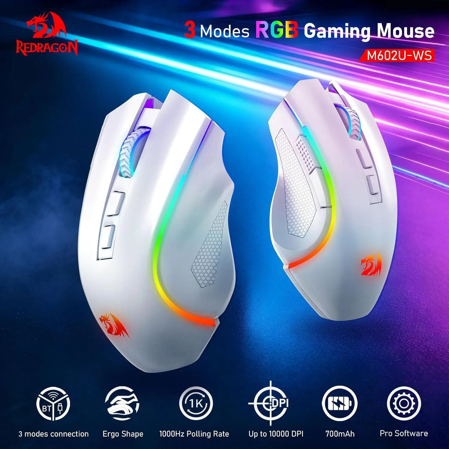Redragon M602 Griffin Wireless RGB Gaming Mouse Tri-Mode 8000DPI - White