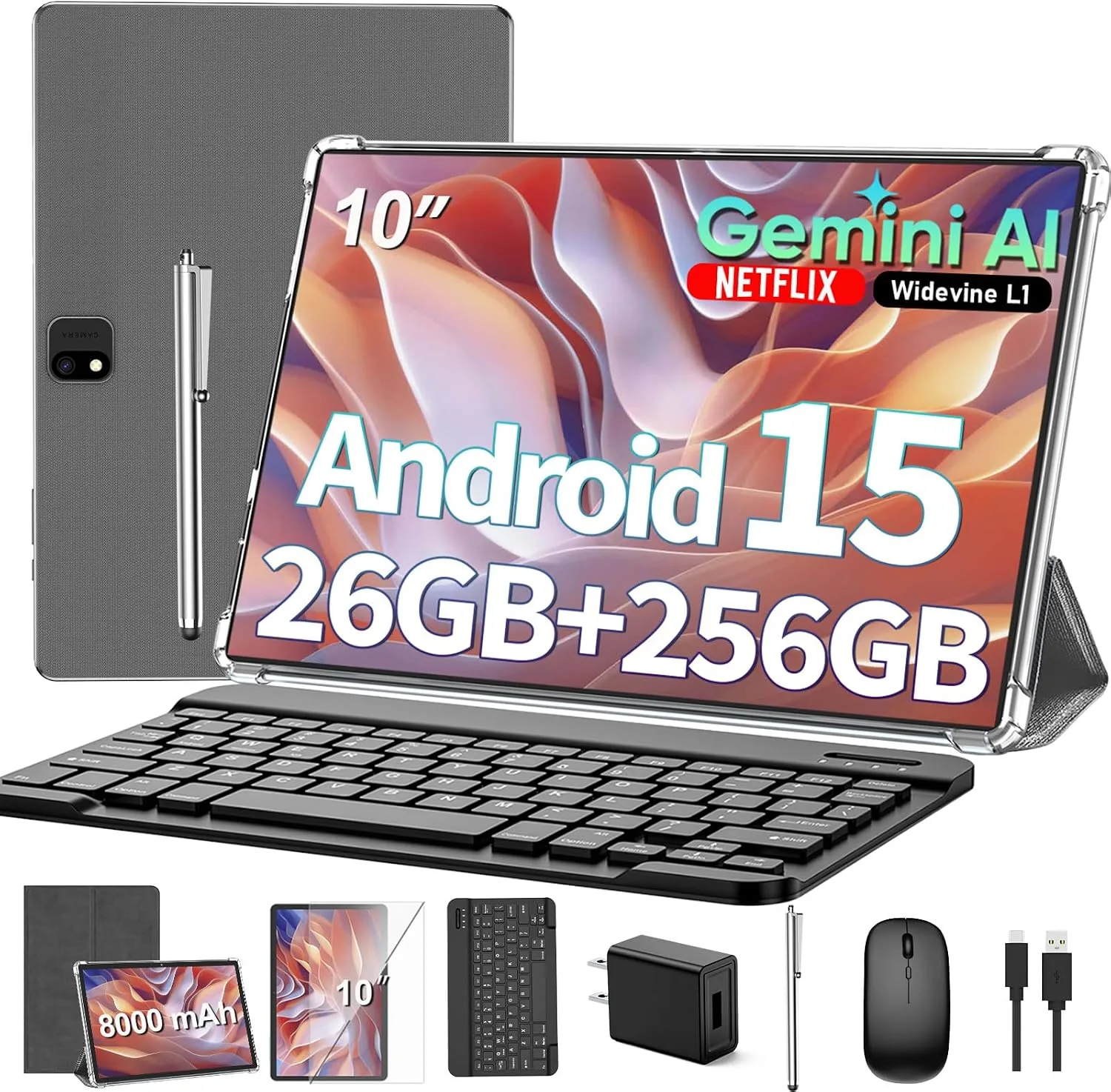 2026 Gemini AI 10 inch Tablet - Android 15 Tablet with Keyboard,Silver Case