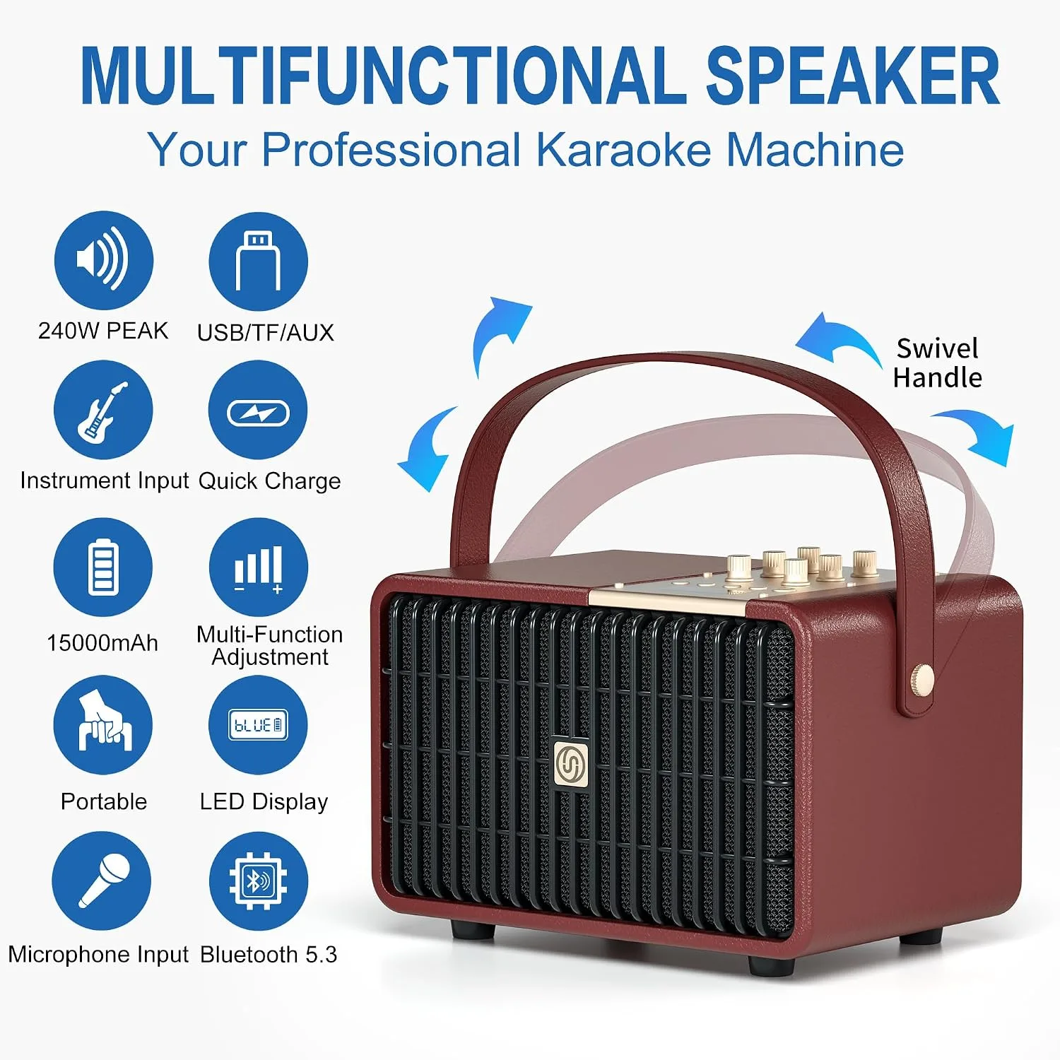 Portable Bluetooth Speaker 240W Peak Power Wireless Speaker Loud (Burgundy)