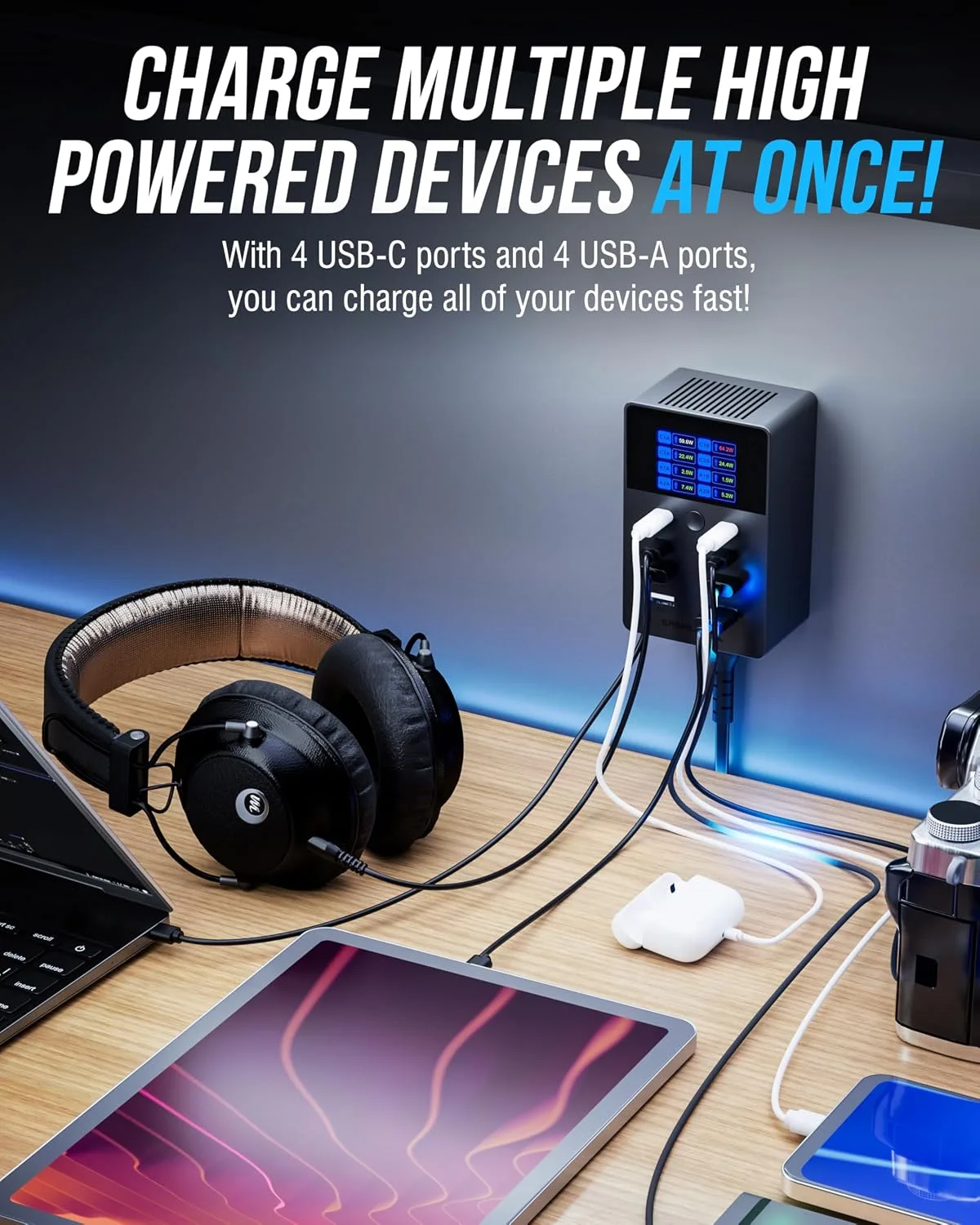 SABRENT VOLTIK Charging Station, 252W 8-Port USB C and USB A, LCD Display