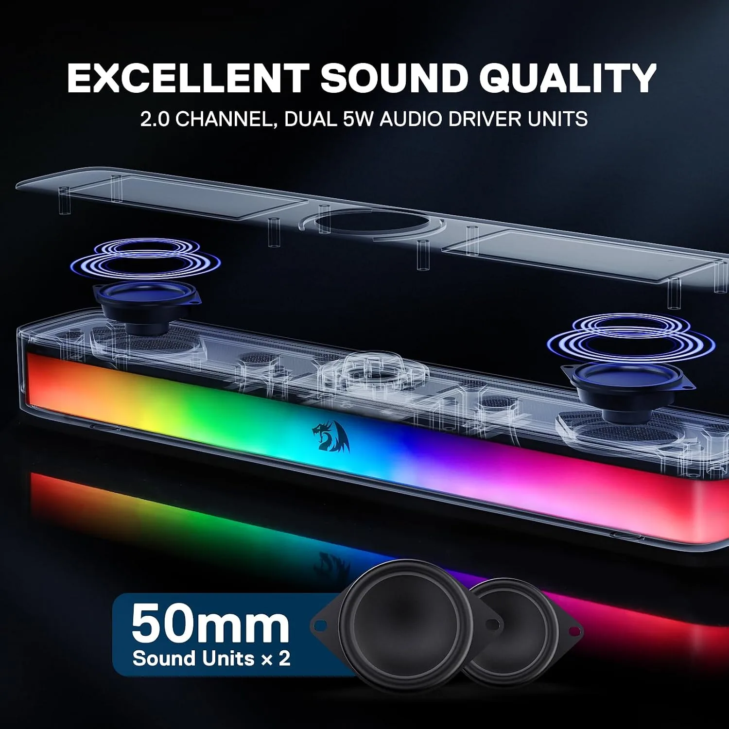 Redragon GS515 RGB Desktop Soundbar, 2.0 Stereo Enhanced Sound, BT 5.3