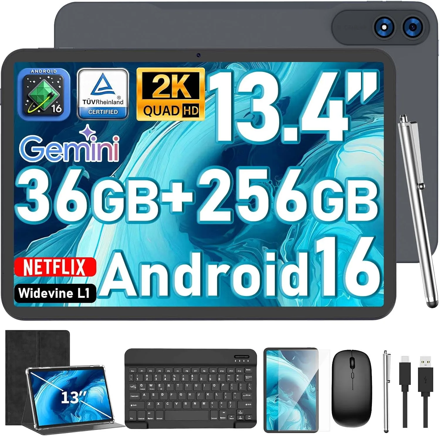 13 Inch Tablet with Keyboard - Android 16 Tablet - 36GB+256GB+2TB (Black)