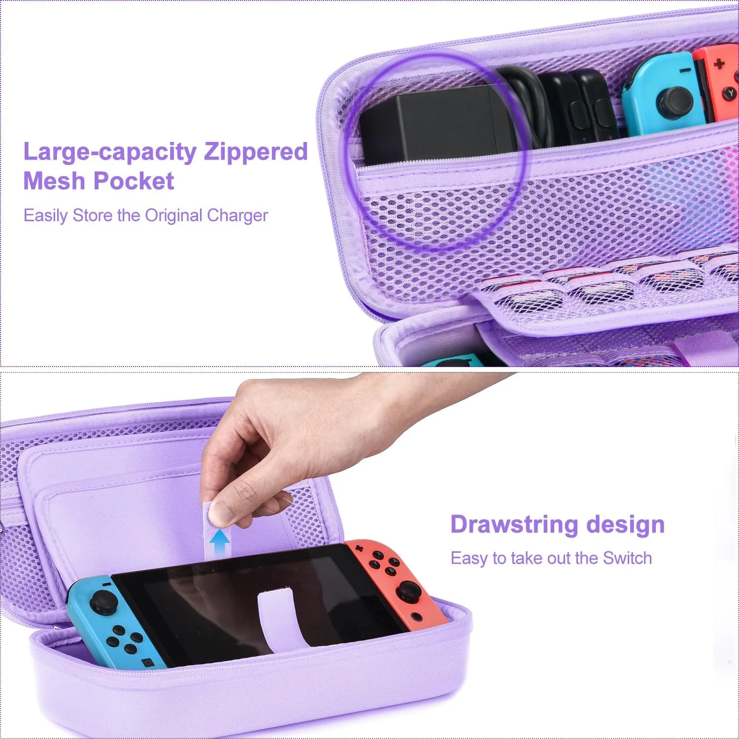 innoAura Switch Case 19-in-1 Bundle for NS Switch (2017), with Carrying Case, Game Organizer, Screen Protector, Stand and Thumb Grips, Purple