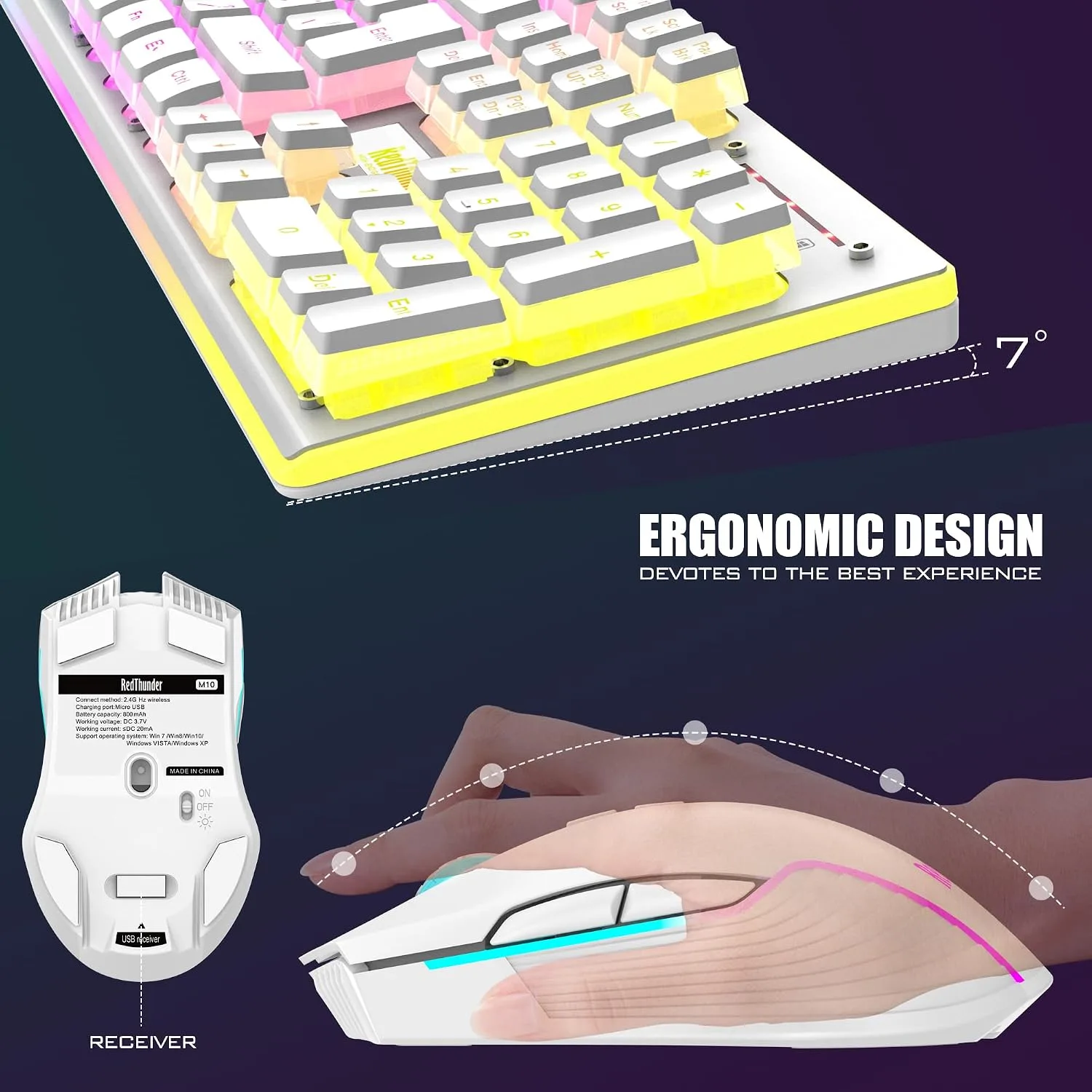 RedThunder K10 Wireless Gaming Keyboard and Mouse Combo, RGB Backlit Rechargeable 3800mAh Battery, Mechanical Feel Anti-ghosting Keyboard + 7D 3200DPI Mice for PC Gamer(White Pudding)