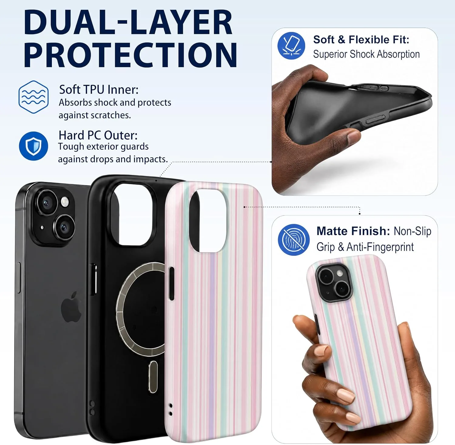 Magnetic for iPhone 13/14 Phone Case, Cute Pastel Pink Striped