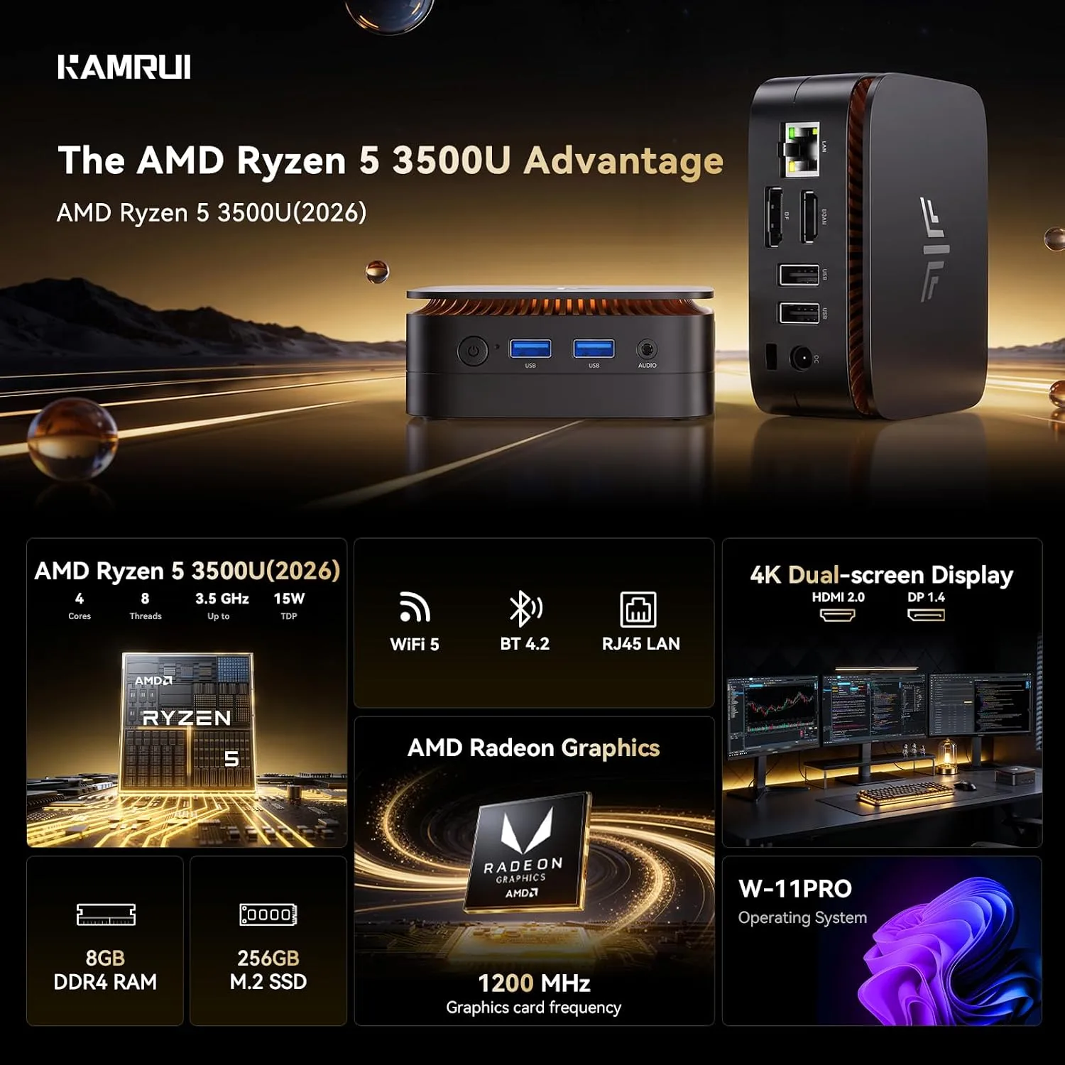 KAMRUI Essenx E1 Business Mini PC, AMD Ryzen 3500U Processor