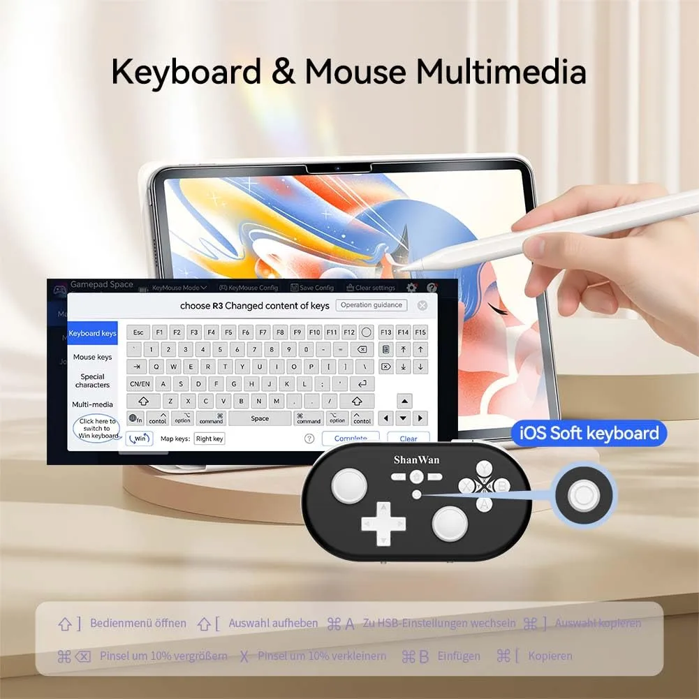 ShanWan Wireless Mini Controller for Switch, PC, iOS, Android, Supports Keyboard Mode for iPad Procreate (Black)