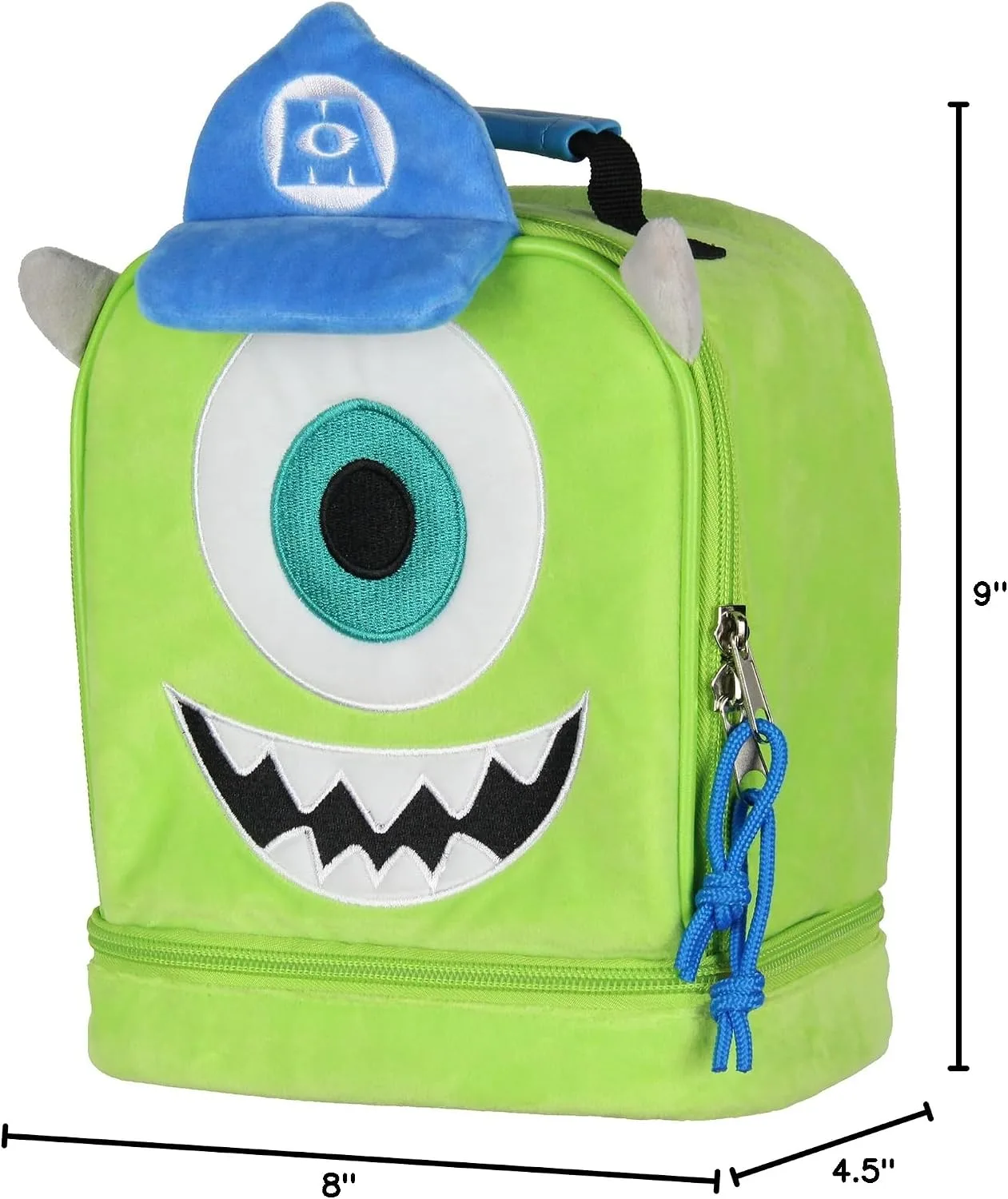 Disney Monsters Inc Lunch Box Mike Wazowski Plush Fuzzy Embroidered Face 3D Ears and Hat Insulated Lunch Bag Tote For Hot And Cold Food 9"