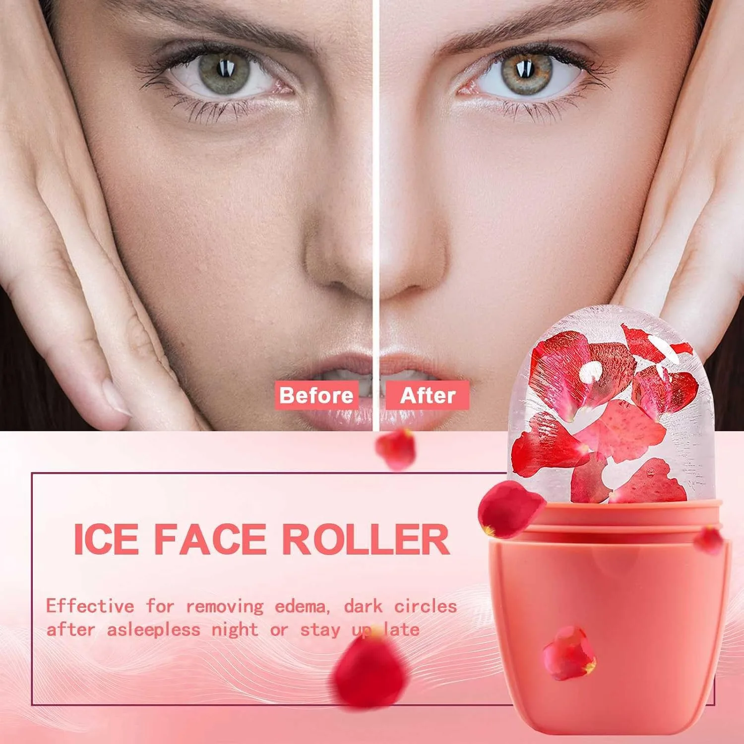 XHJRI Ice Face Roller Massager,Ice Cube Roller for Face, Eyes and Neck Naturally Conditioning and Skin Care,De-Puff Eye Bags,Reduce Migraine Pain,Reusable Massage Silicone Ice Mold (New Pink)