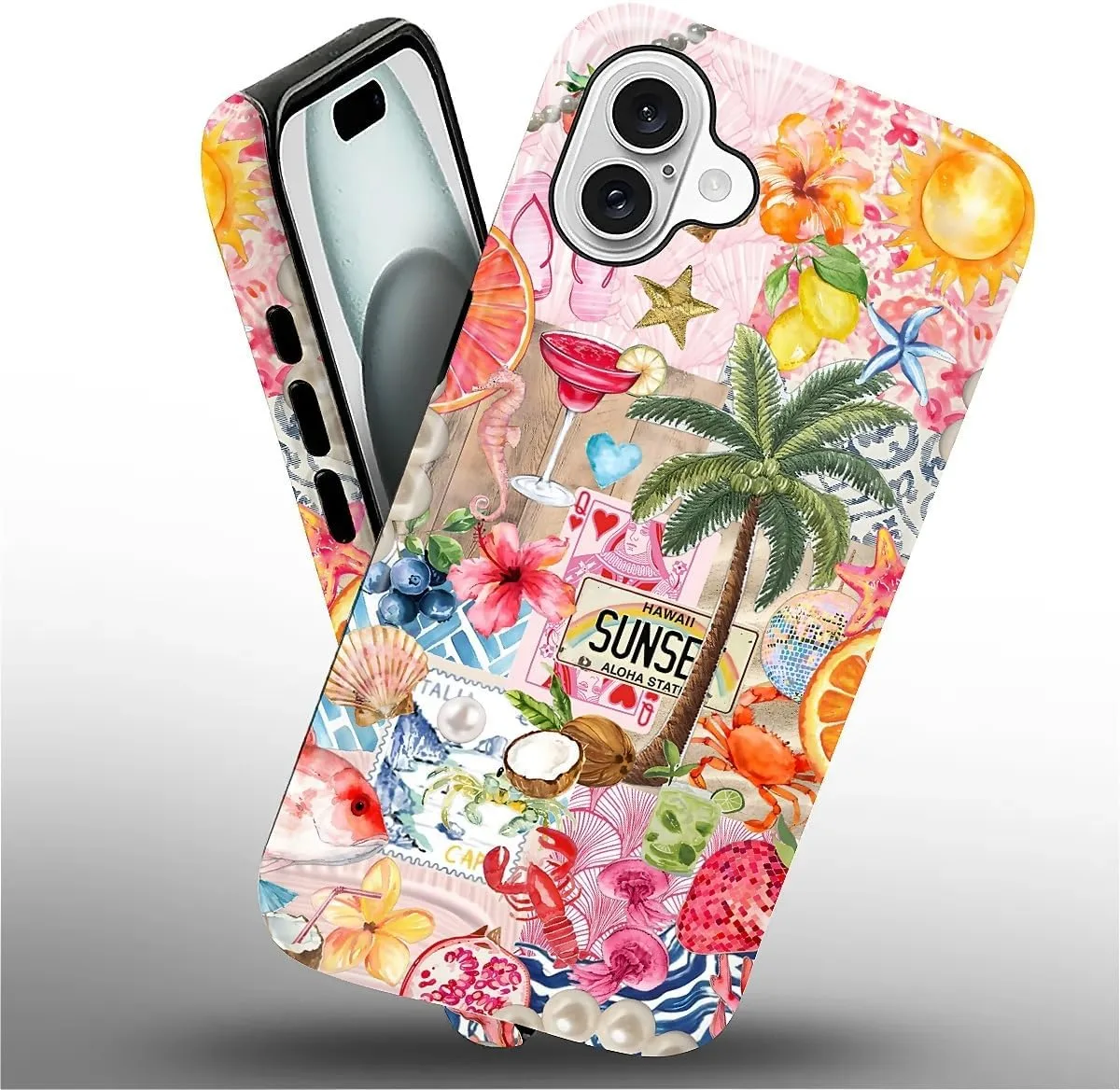 DAIZAG Case for iPhone 16,Mixed 2 Layer Design Shockproof Soft TPU Ddouble Protection Phone Case for iPhone 16-Aesthetic Summer Beach
