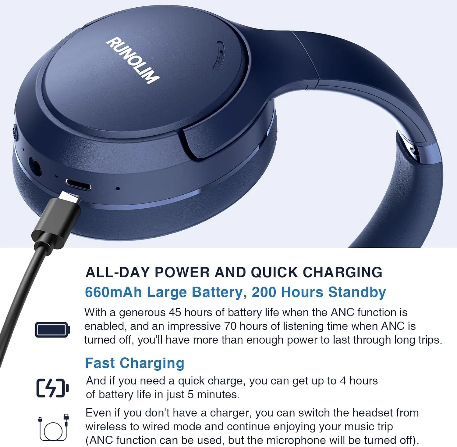 RUNOLIM Active Noise Cancelling Headphones, Wireless Bluetooth Over Ear (Blue)
