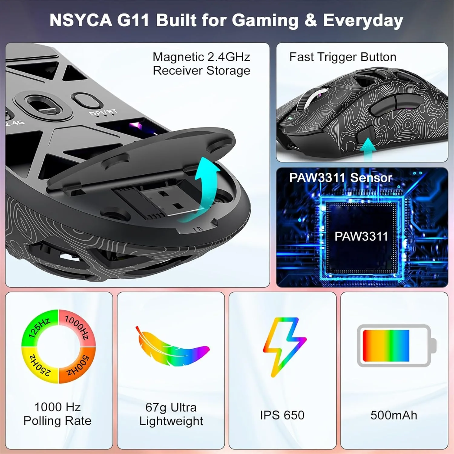 G11 Lightweight Wireless Gaming Mouse for FPS & Competitive Gaming, Tri-Mode Bluetooth 5.1/2.4GHz/USB-C, 22000 DPI RGB Mouse with Programmable Buttons for PC, Laptop & Mac