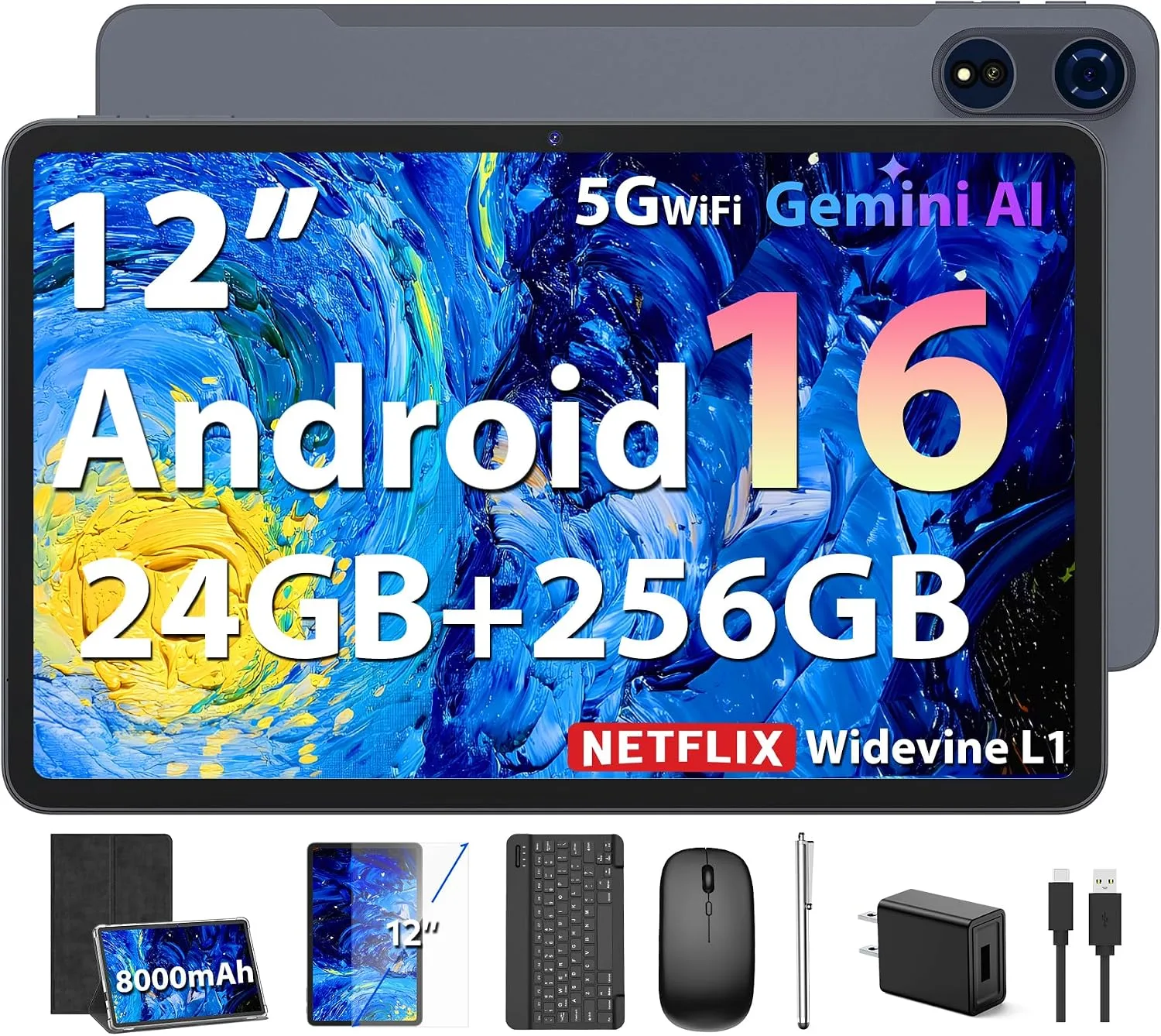 12 Inch Tablet - Android 16 Tablet with Keyboard, 24GB+256GB+2TB Expand