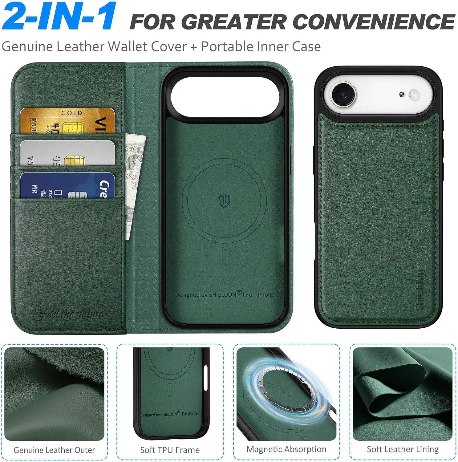 SHIELDON 2 in 1 Genuine Leather Wallet Case for iPhone Air 6.5", Evergreen