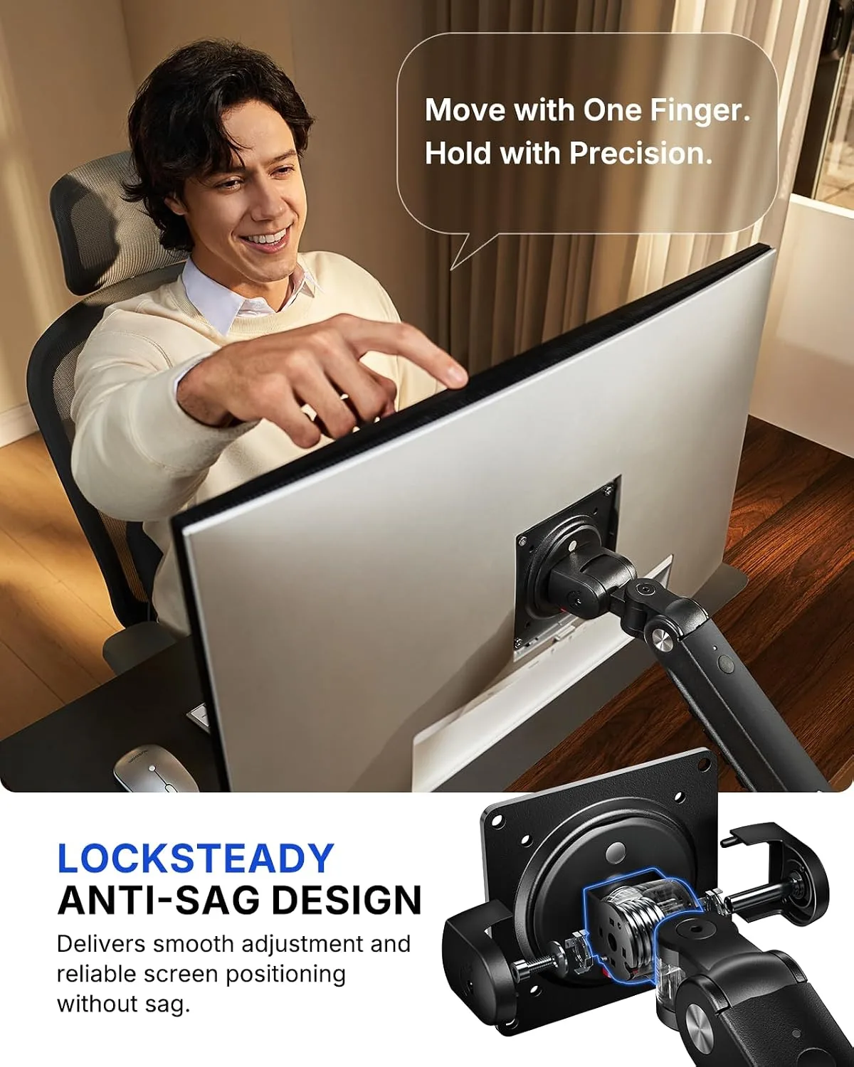 HUANUO FlowLift™ Pro Monitor Arm for 13–32" Screens, MechaSpring Monitor Mount, Fully-Adjustable Monitor Stand with Tilt/Swivel/Rotation, Tool-Free VESA Mount, C-Clamp/Grommet Base, Max Load 15.4 lbs