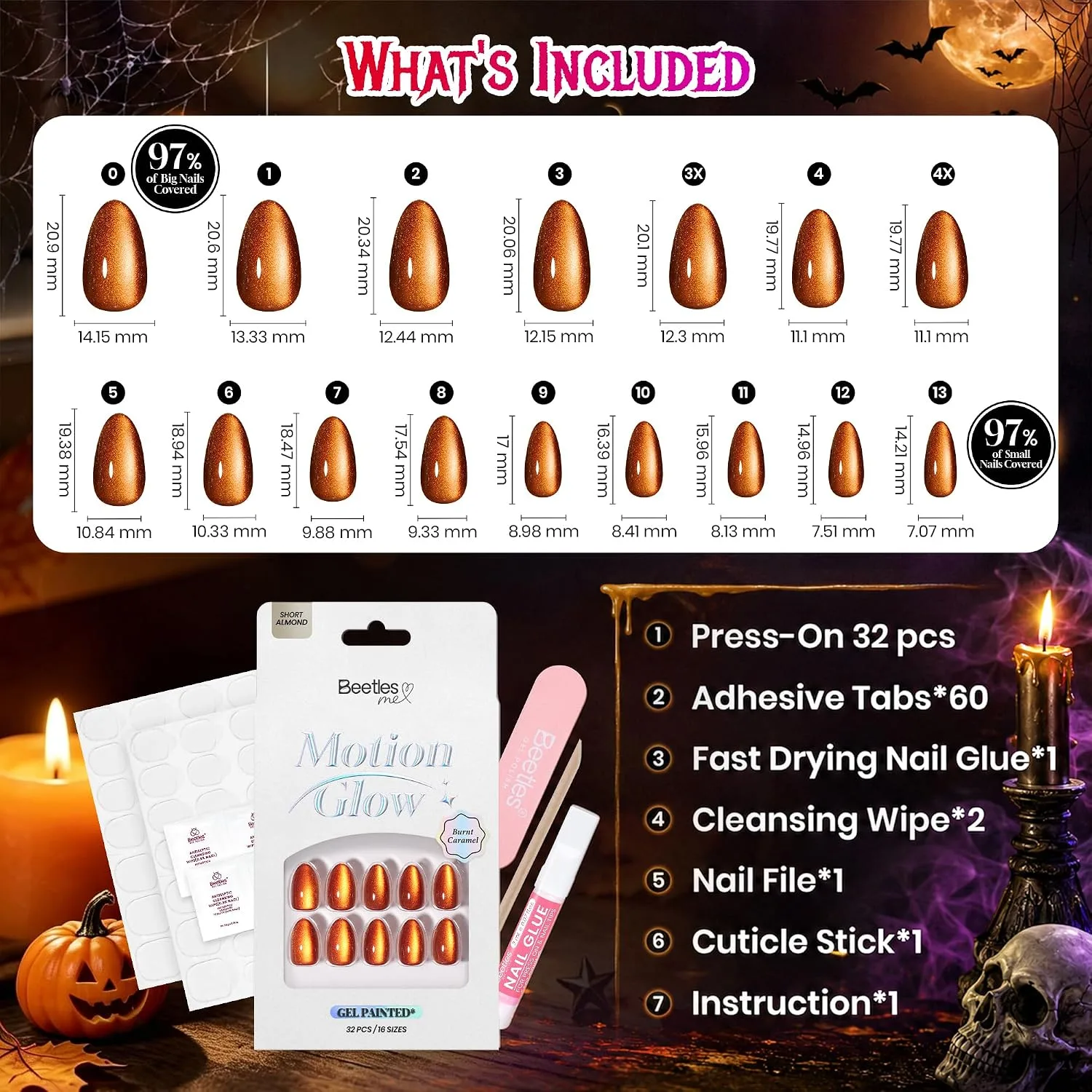 Beetles Halloween Press On Nails Short Almond, 32PCS, Cat Eye Pumpkin Spice