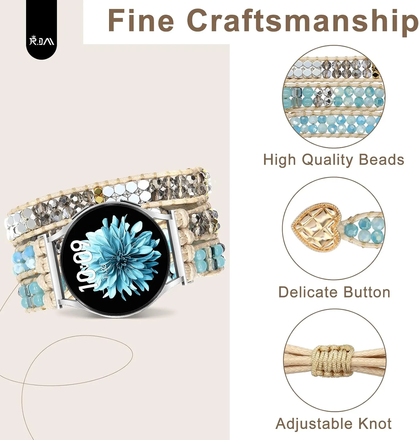 JR.DM Boho Beaded Handmade Braided Bracelet Band Women 20mm Compatible with Samsung Galaxy Watch 7/6/5/4/Active 2/4 Classic/6 Classic/5 Pro/FE 40mm 42mm 43mm 44mm 45mm 46mm 47mm