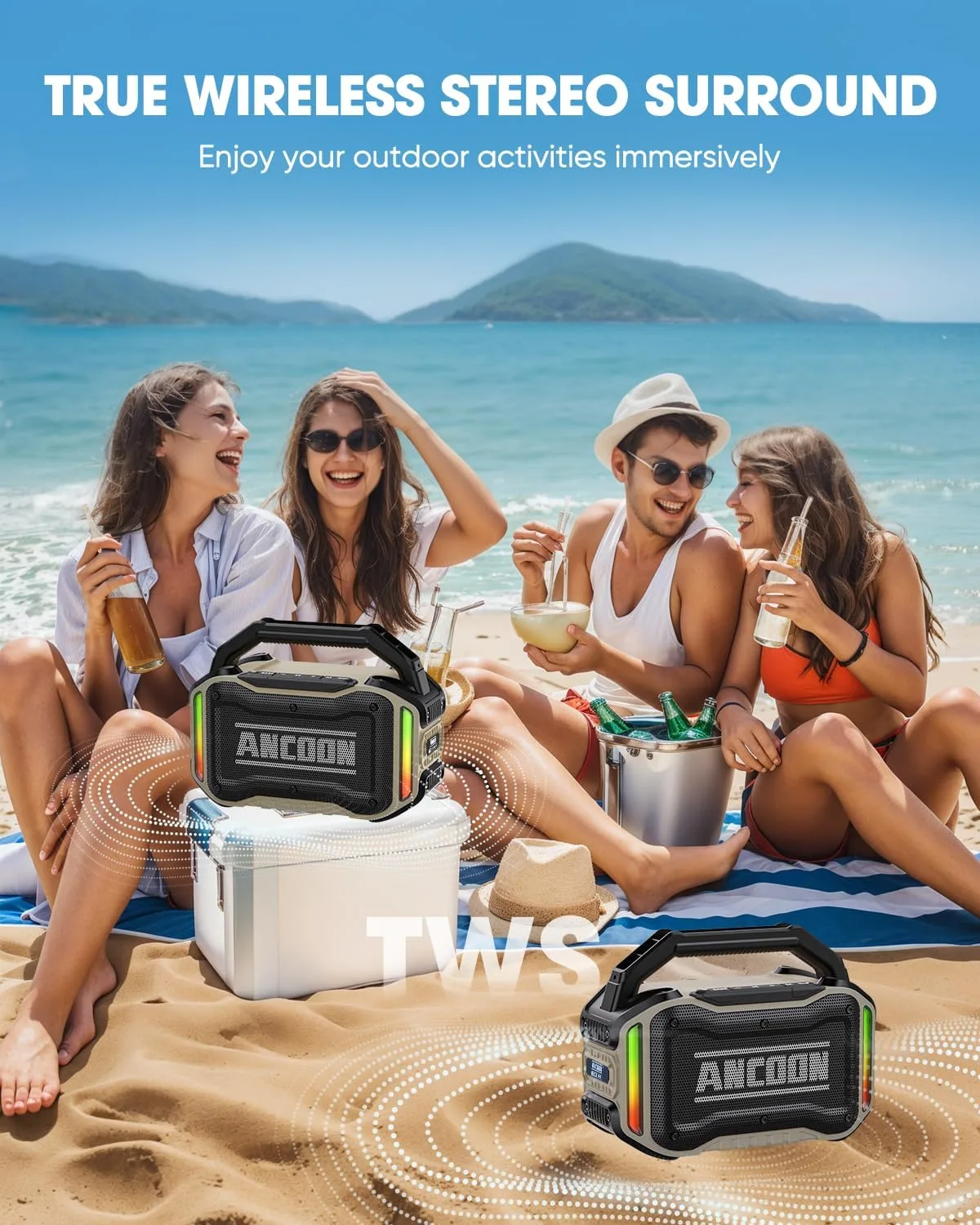 ANCOON Speakers Bluetooth Wireless: 80W(Peak) Loud Speaker with Bass, 20H Playtime, IPX6 Waterproof, Large Jobsite Speakers for Work, Outdoor, Workshop, Garage, Portable Speaker with TWS (Desert)