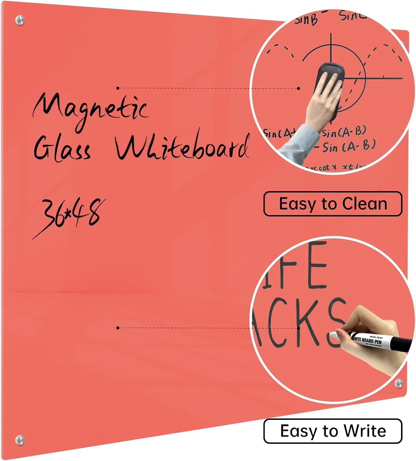 Magnetic Glass Dry Erase Board - White Board 48 x 36 Inch Wall Mounted Glass Whiteboard, Large Frameless Glass White Board for Wall Office, Home & School, Red