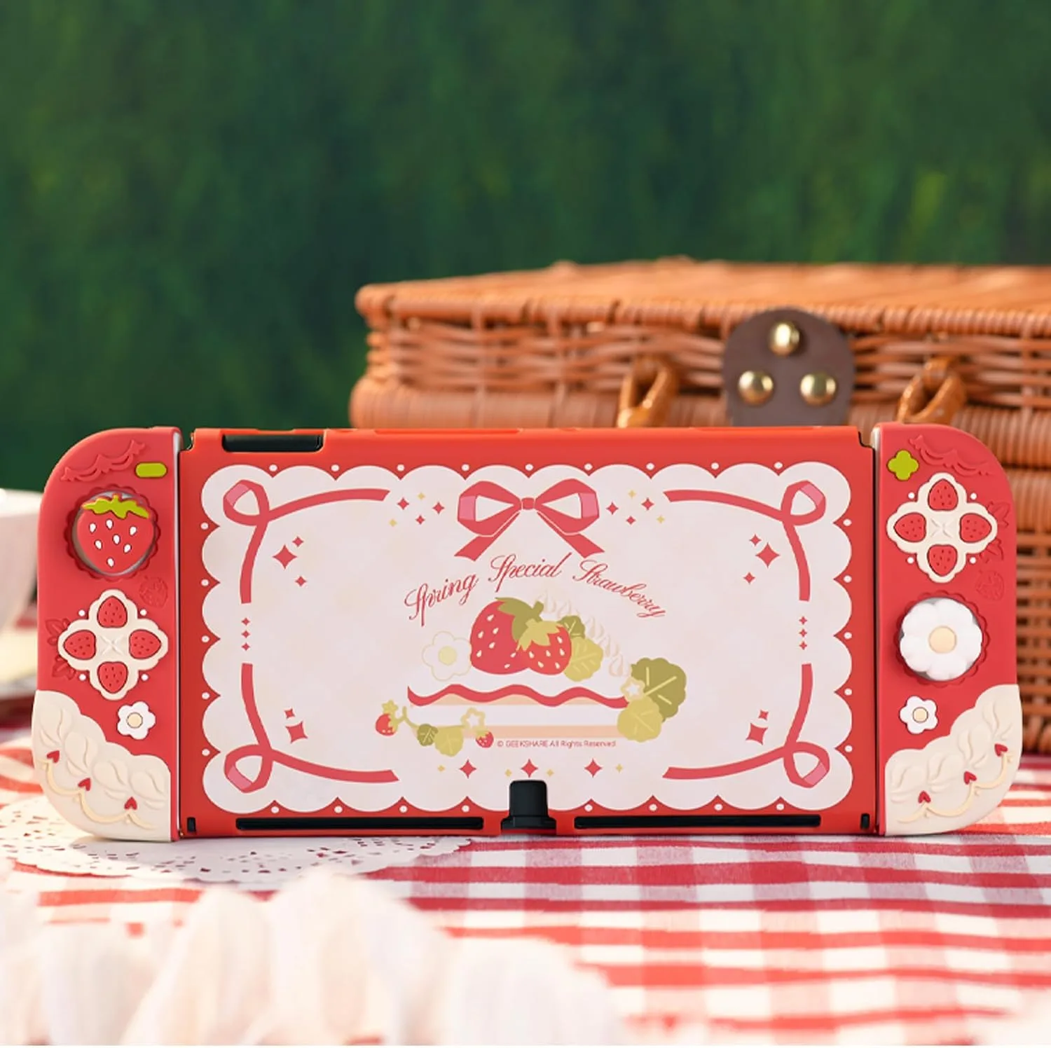 GeekShare Protective Case for Switch OLED Slim Cover Case Compatible with Switch OLED Separable Soft Silicone Protective Shell for Joystick with 2 Thumb Grip Caps - Strawberries with Cream